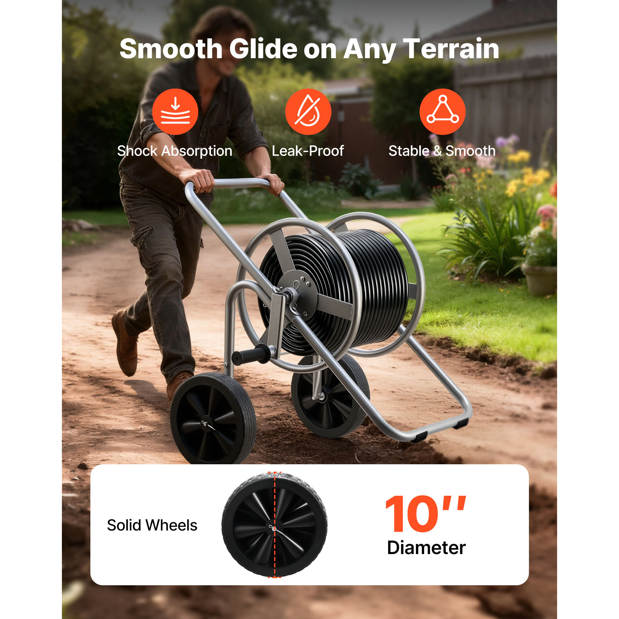 HONGGE Heavy-Duty Garden Hose Reel Cart with Two Wheels, Handle & Mesh Storage Basket, Portable for Garden Car