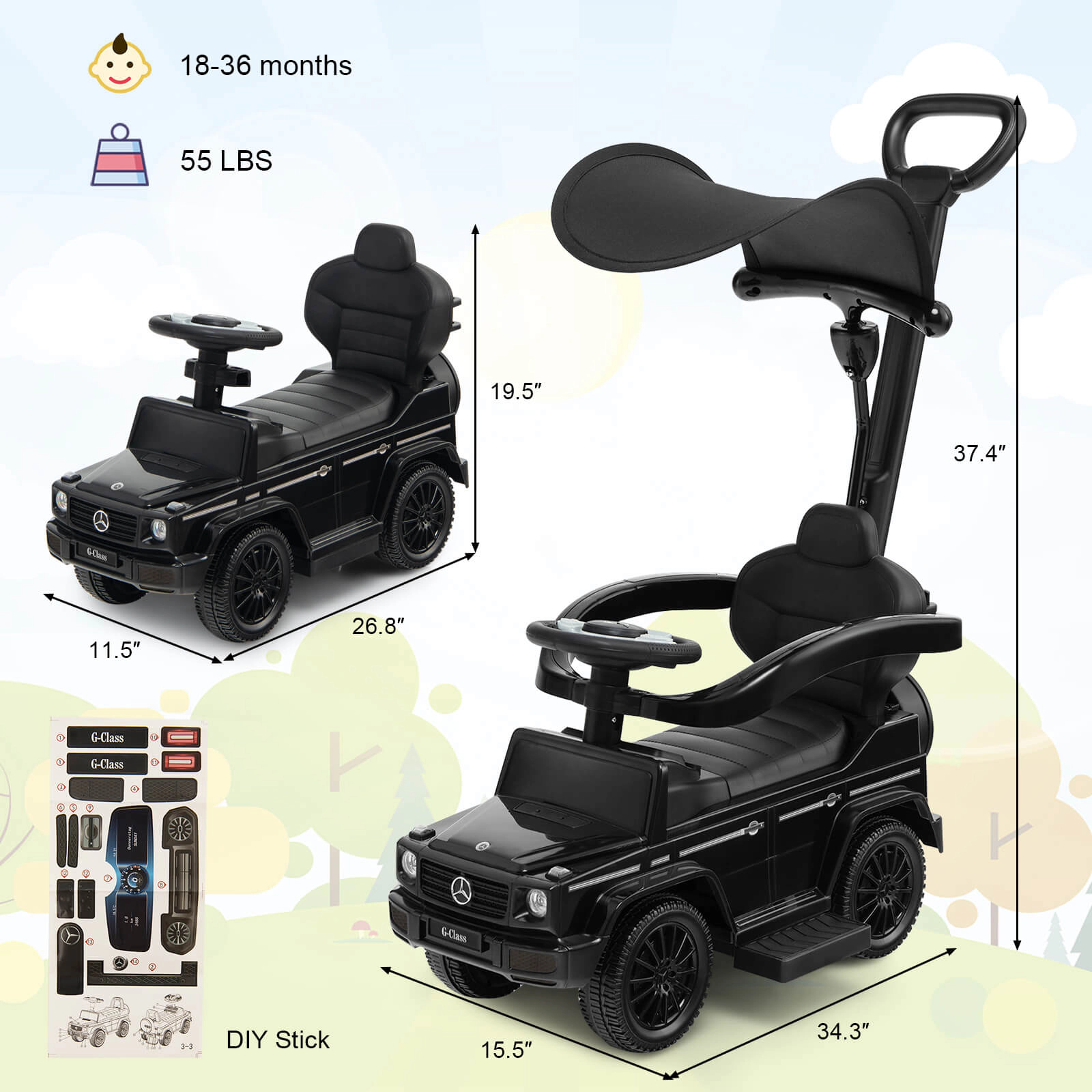 Costway 3 1 Ride on Push Car Mercedes Benz G350 Stroller Sliding w/ Canopy