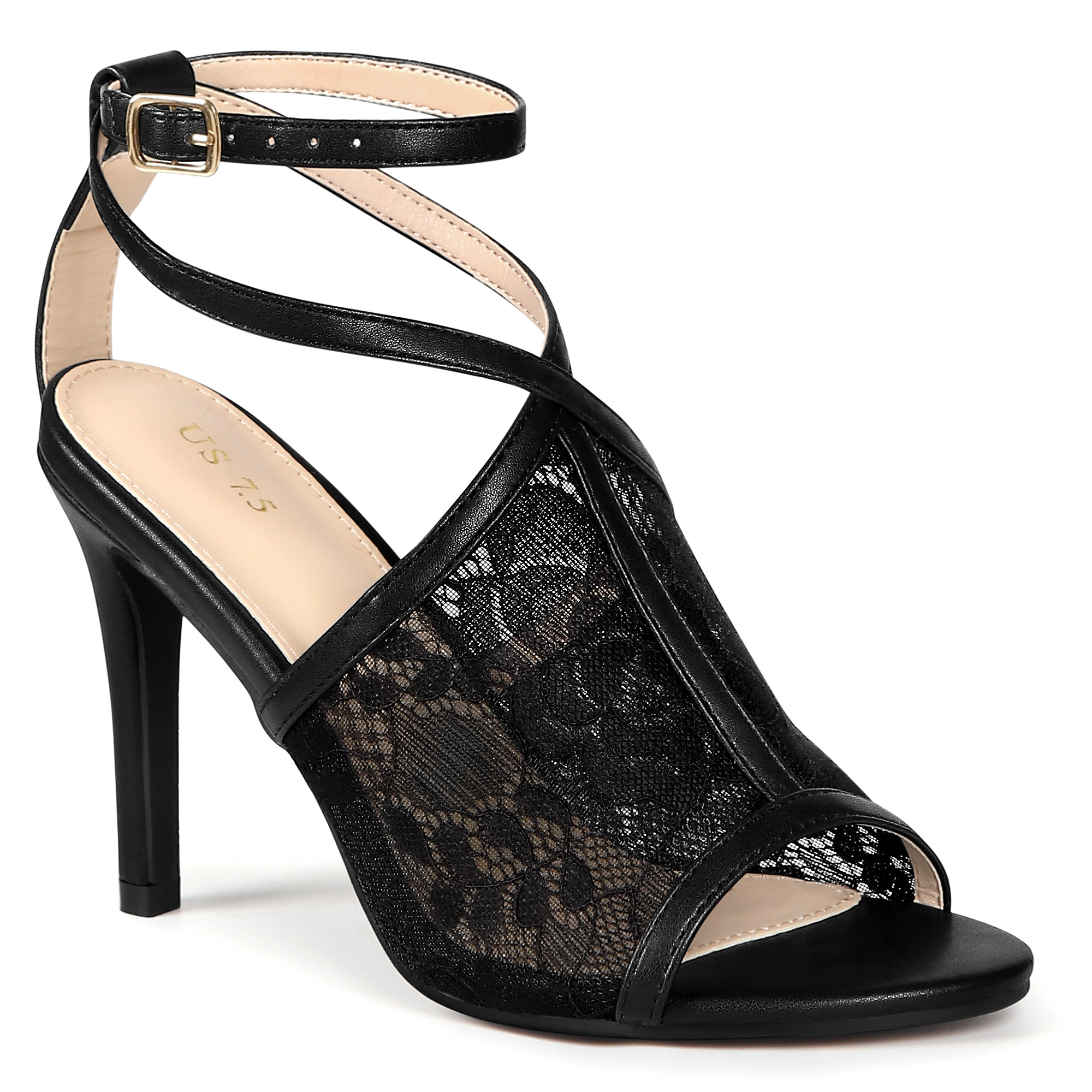 BLISSFUL STEP Women's Wedding Lace Peep Toe Stiletto Heel Ankle Strap Sandals