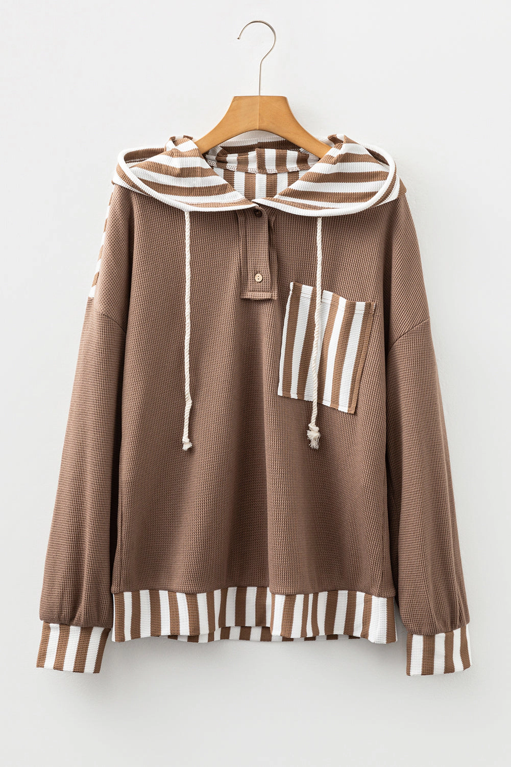 Threaded Pear Women's Tilly Striped Patchwork Drawstring Hoodie