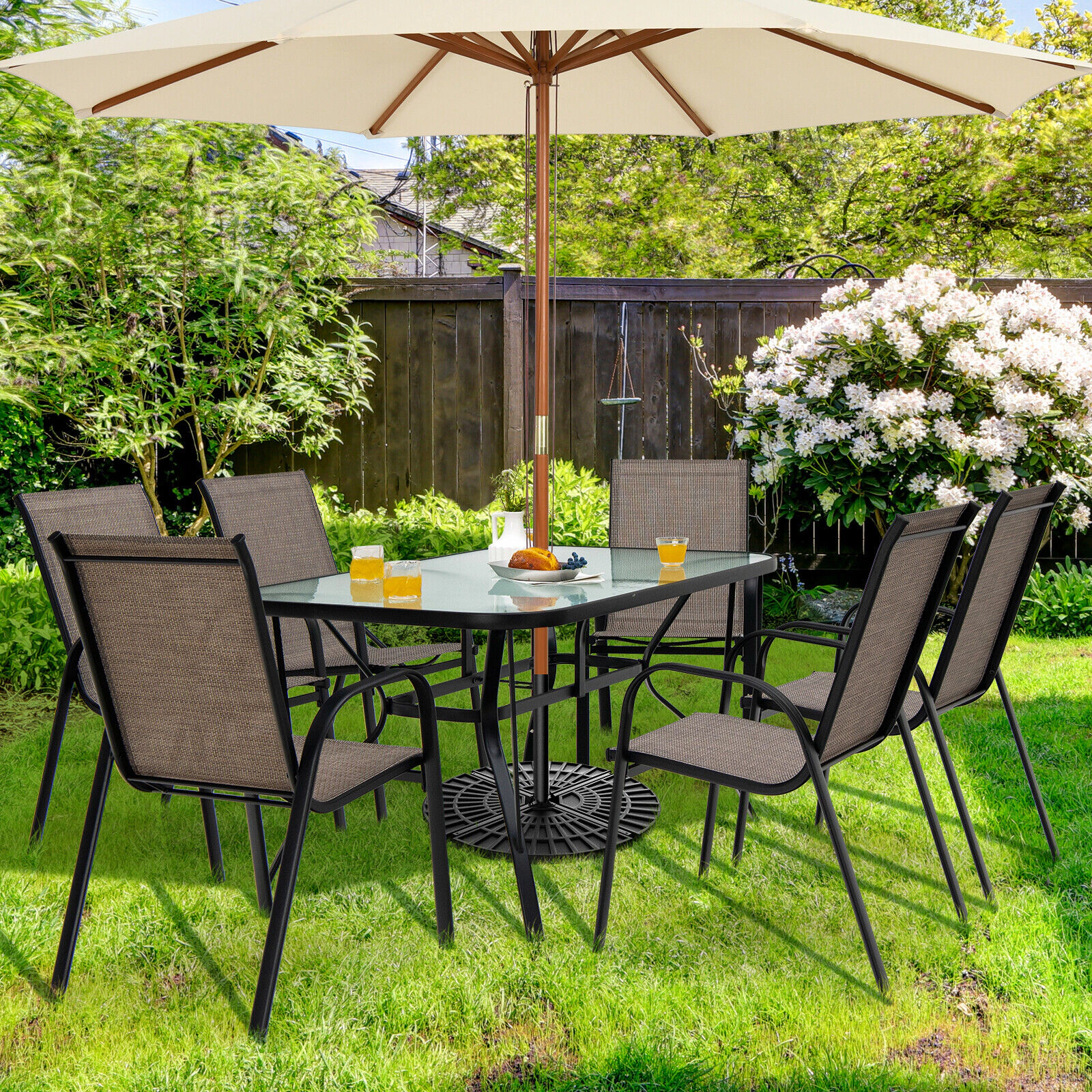LJG 6 Pieces Patio Stackable Dining Chairs with Curved Armrests and Breathable Fabric