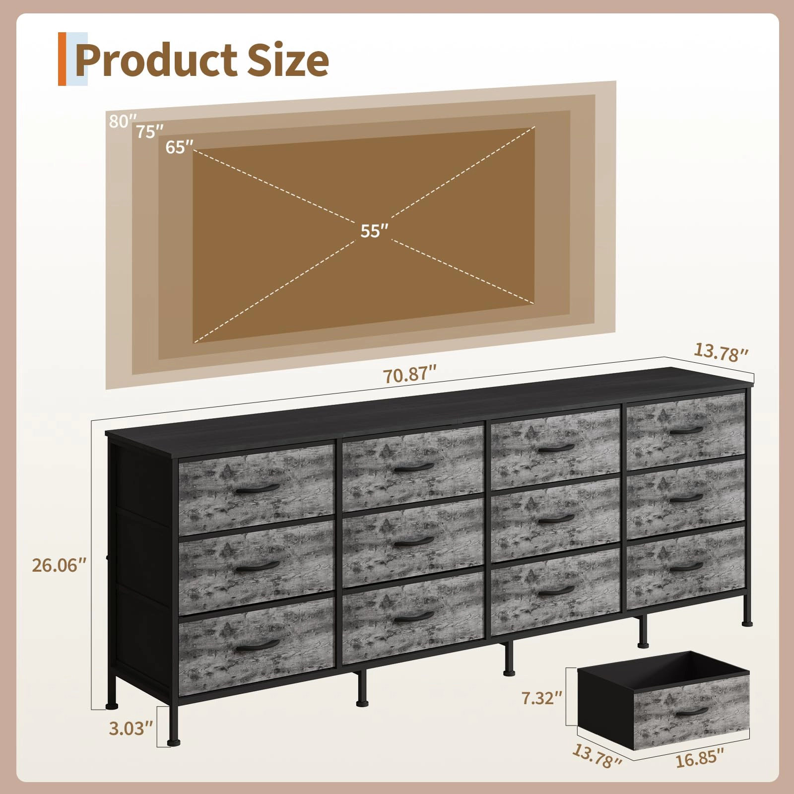 70.8" 12 Drawer Fabric Dresser TV Stand for Up to 80" with Wood Top
