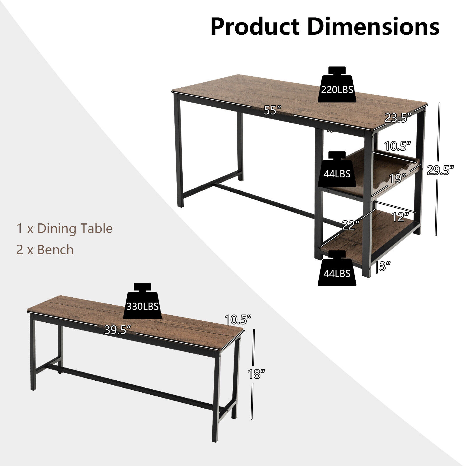 SUGIFT 3-Piece Dining Table and Bench Set with Wine Rack 220-Lb Table 330-Lb Benches Coffee Black