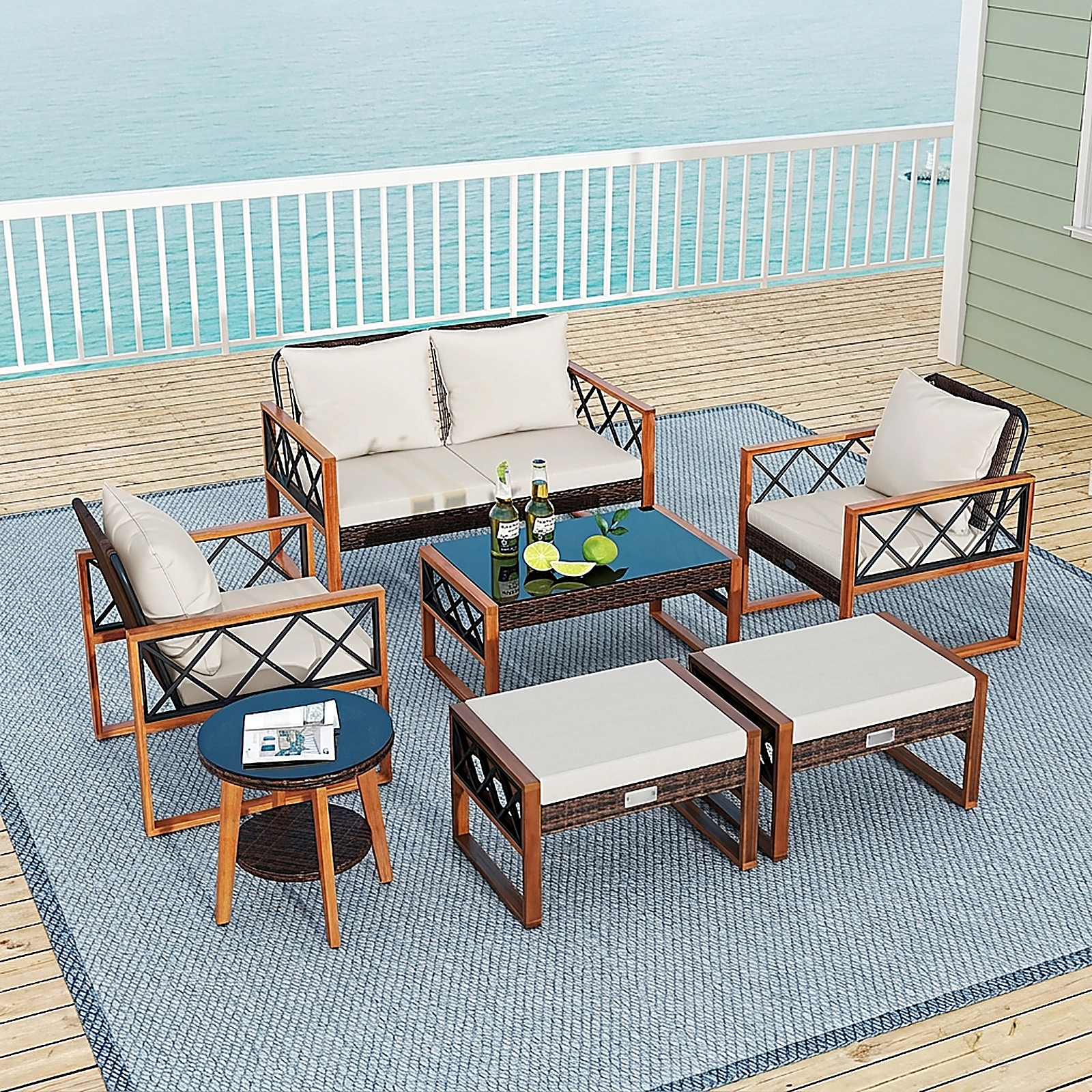 SUGIFT Acacia Wood and 2 Ottomans 7-Piece Off White PE Wicker Patio Conversation Set