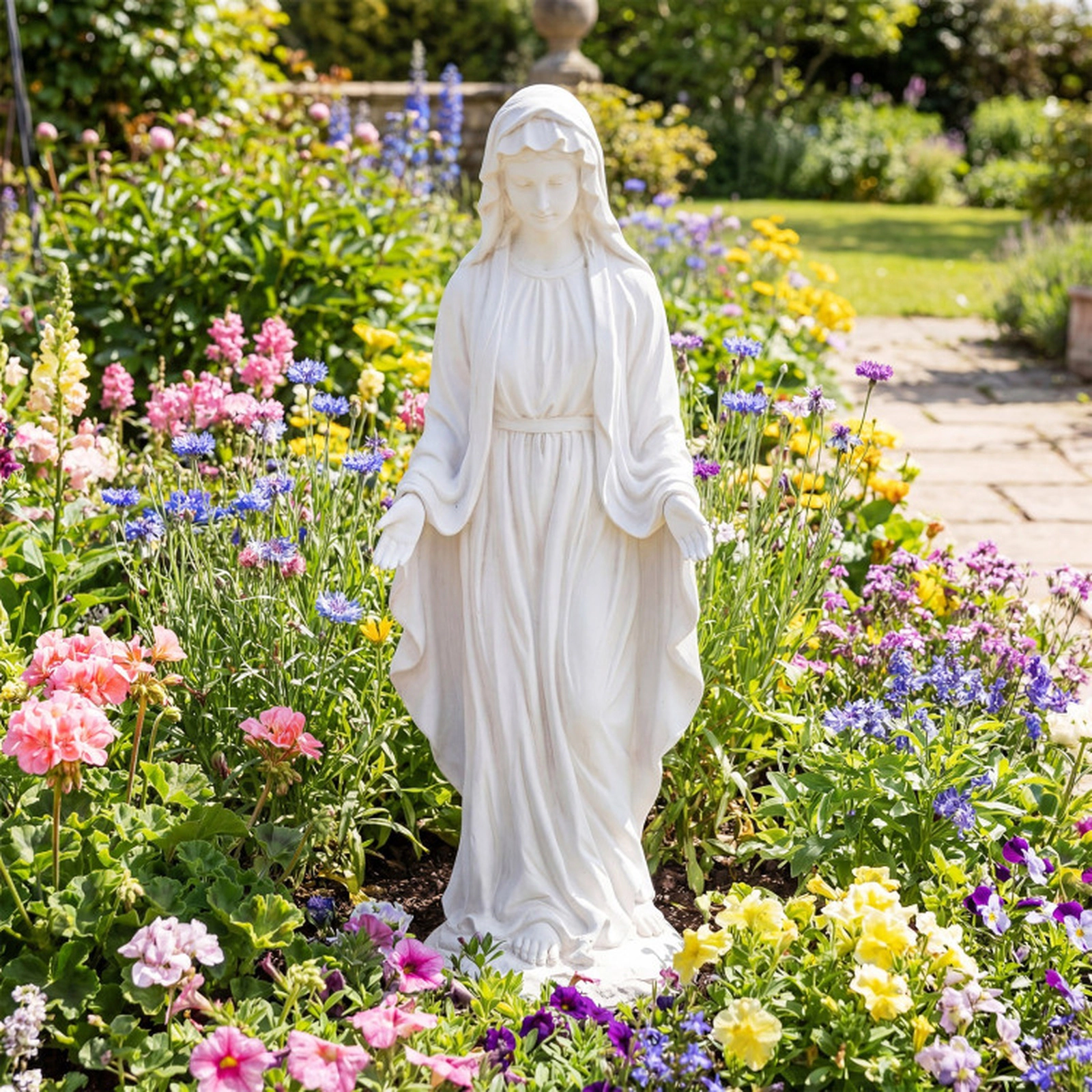 SUGIFT 29.5-in Tall White Aged Finish Magnesium Oxide Virgin Mary Statue Outdoor Religious Sculpture