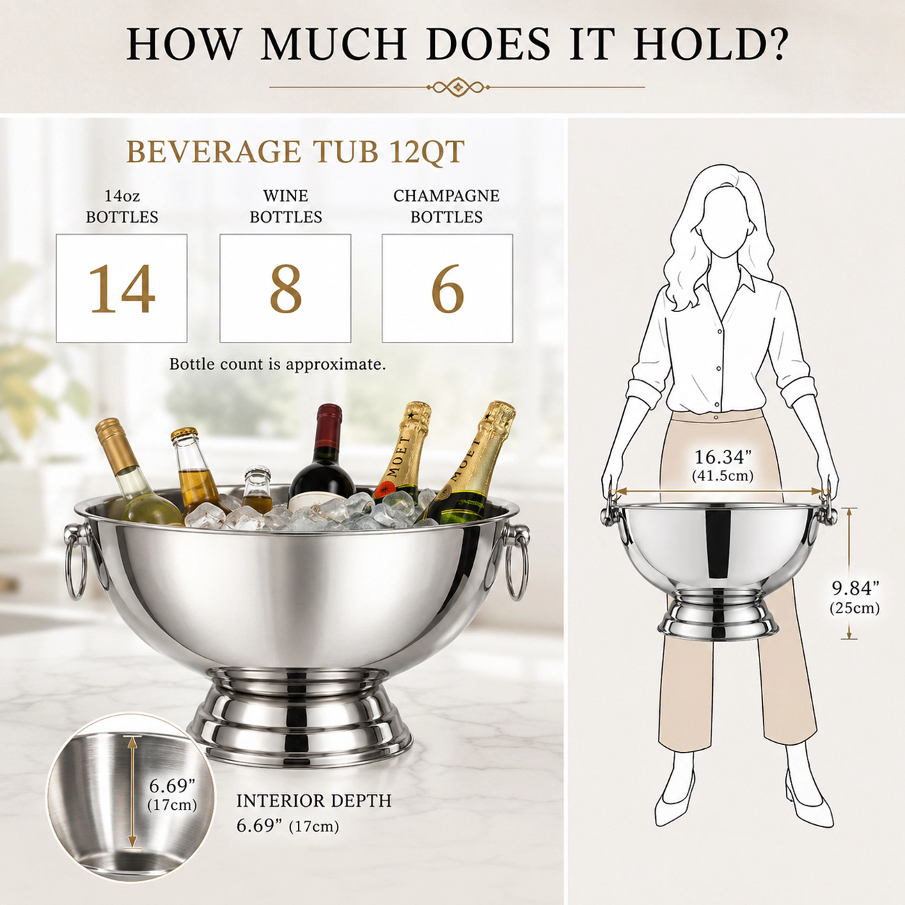 Mega Casa Stainless Steel Ice Bucket with Scoop Large Beverage Tub for Parties