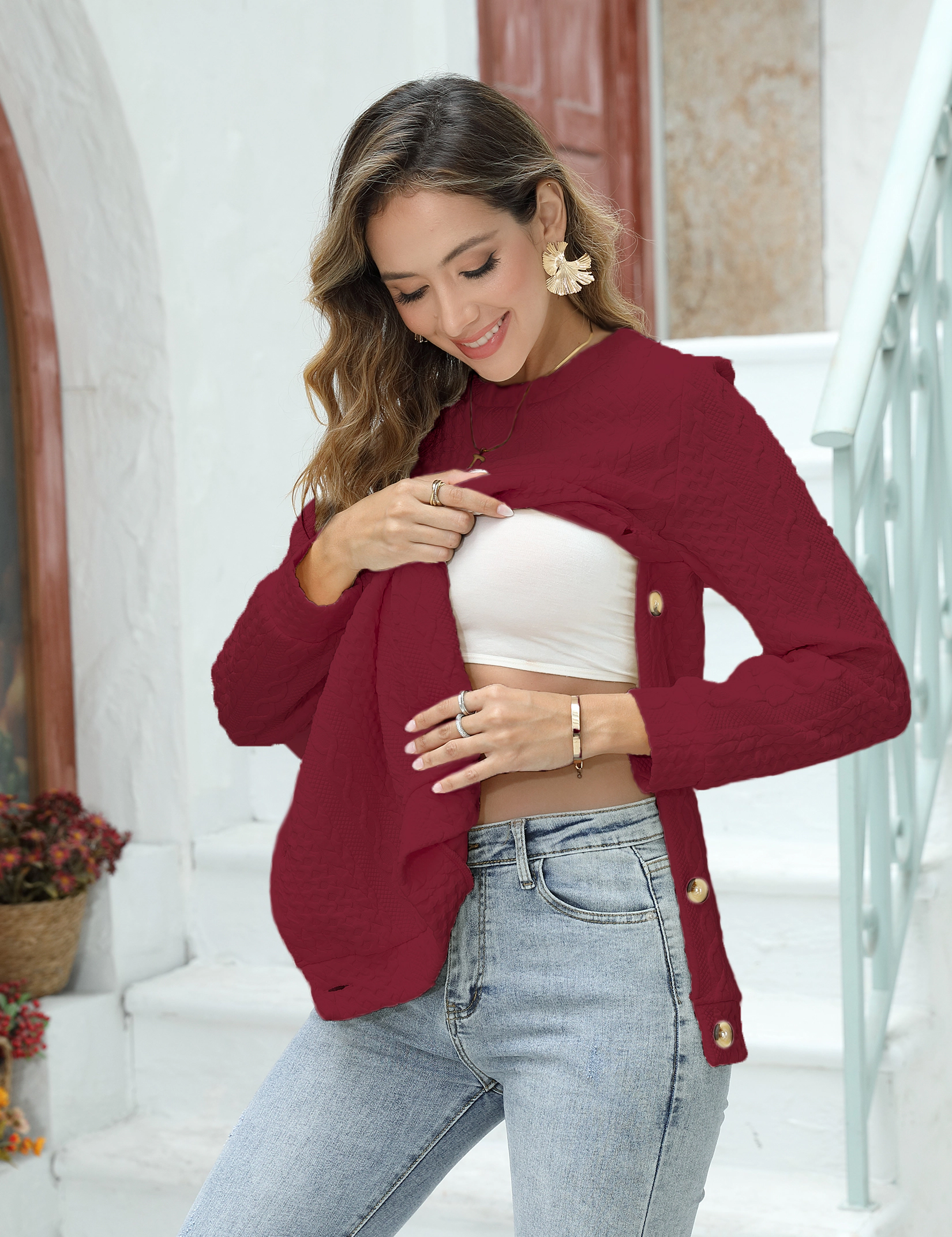 KOJOOIN Women's Maternity Sweatshirt Cable Textured Long Sleeve Tunic Top Round Neck Pregnancy Shirt