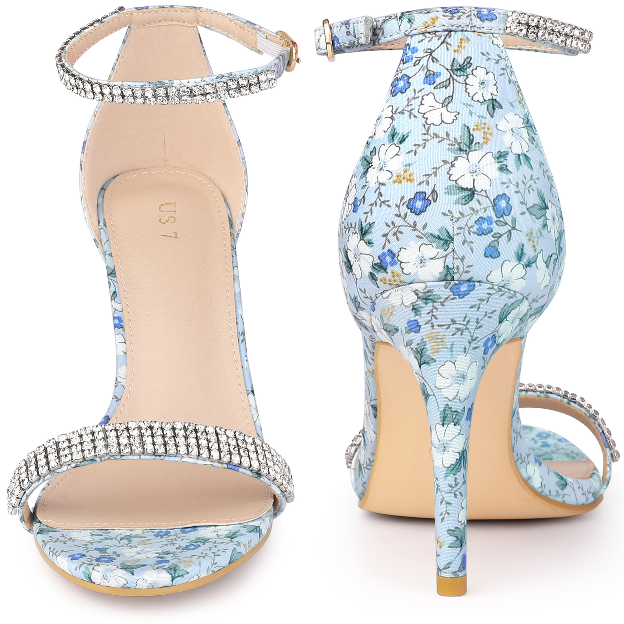 BLISSFUL STEP Women's Rhinestone Strap Floral Print Stiletto Heels Sandals
