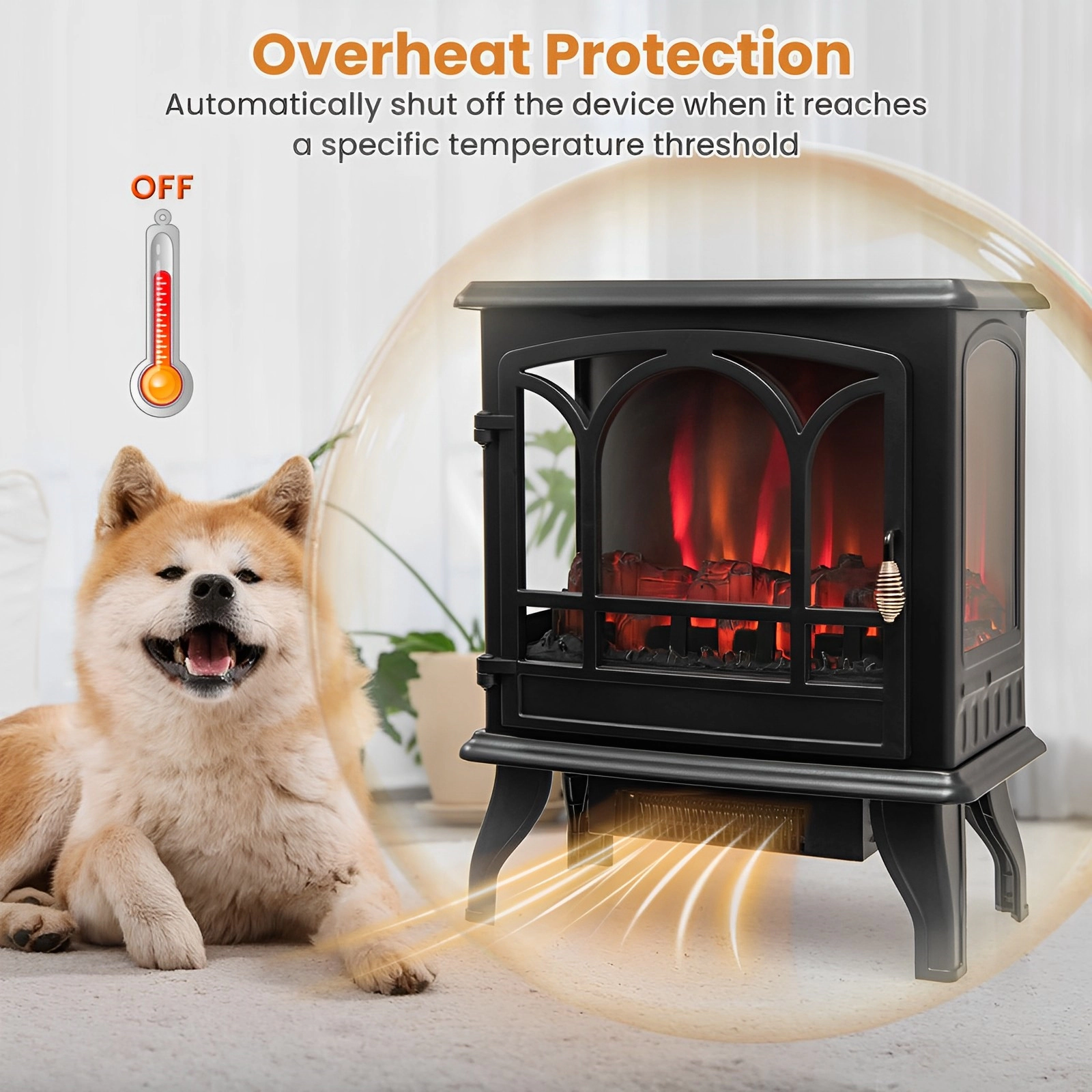 SUGIFT 1400W Freestanding Electric Fireplace Stove, 5000 BTU, 3-Sided Panoramic Flame View