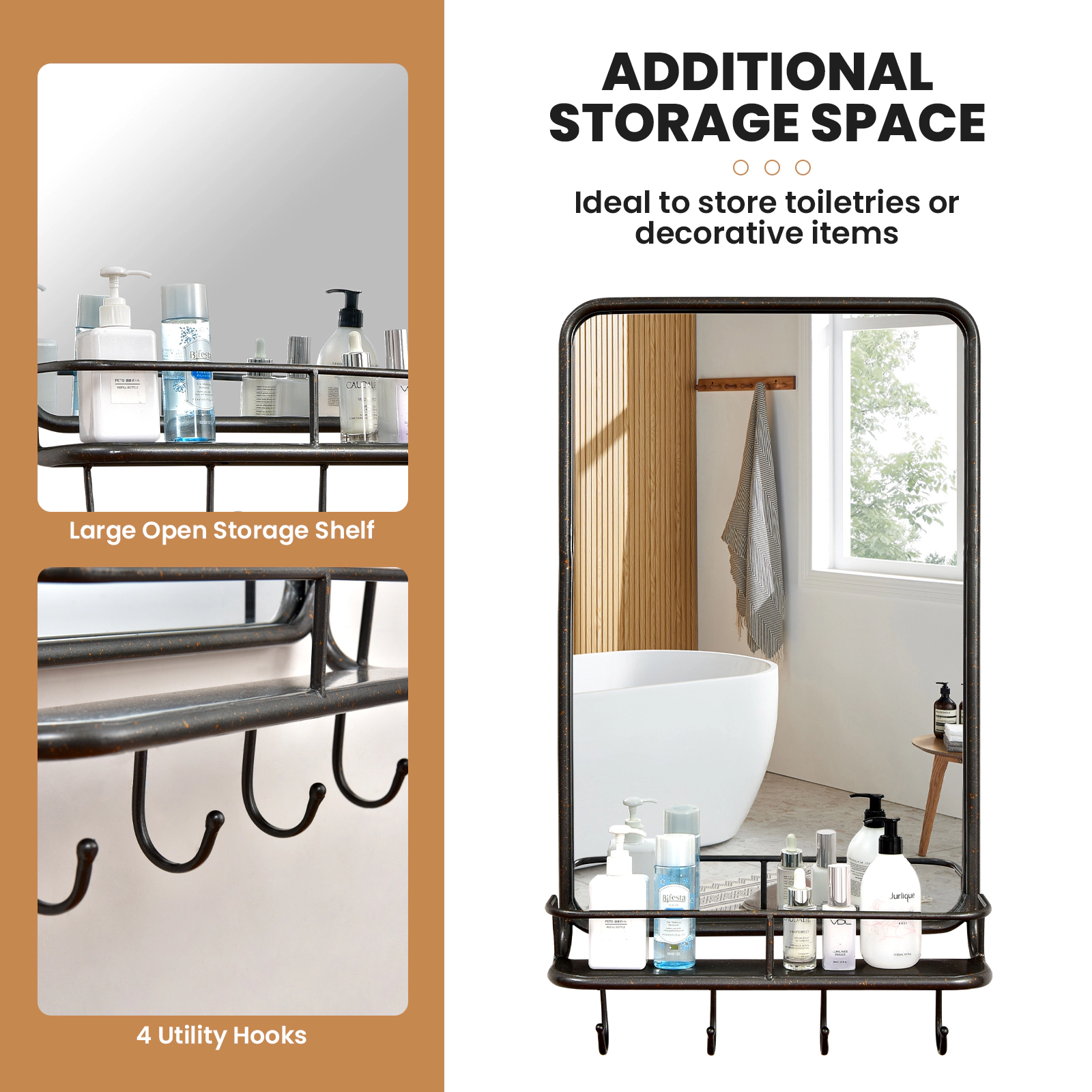 Slickblue Wall Mounted Bathroom Mirror with Shelf and Hooks, Metal Frame Storage Mirror