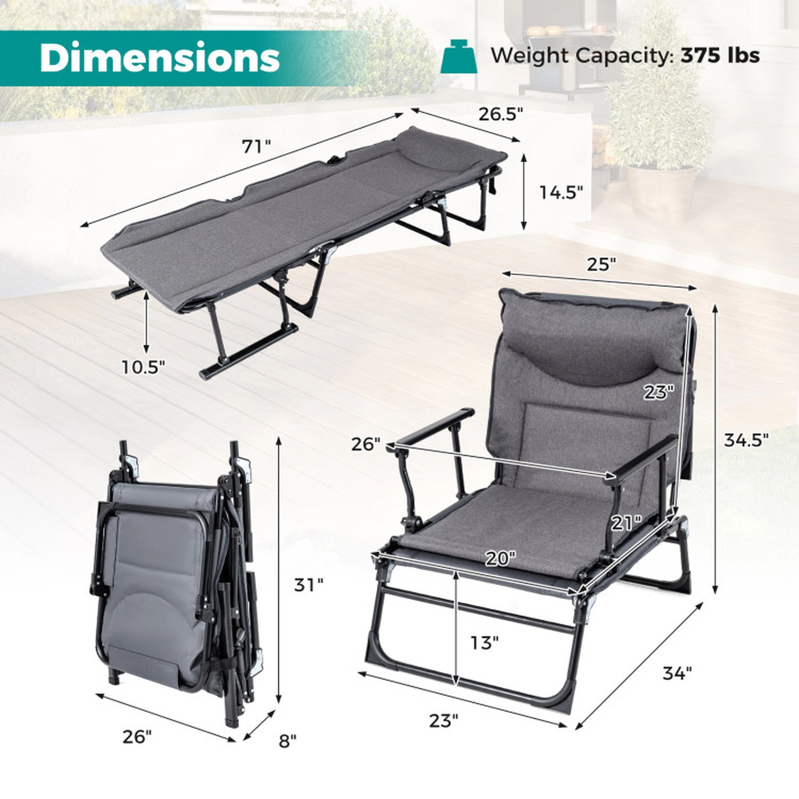 SUGIFT 3-in-1 Folding Camping Cot Convertible Single Sofa Chair 375-lb Capacity Gray and Black 71-in Bed 26-in Wide Seat