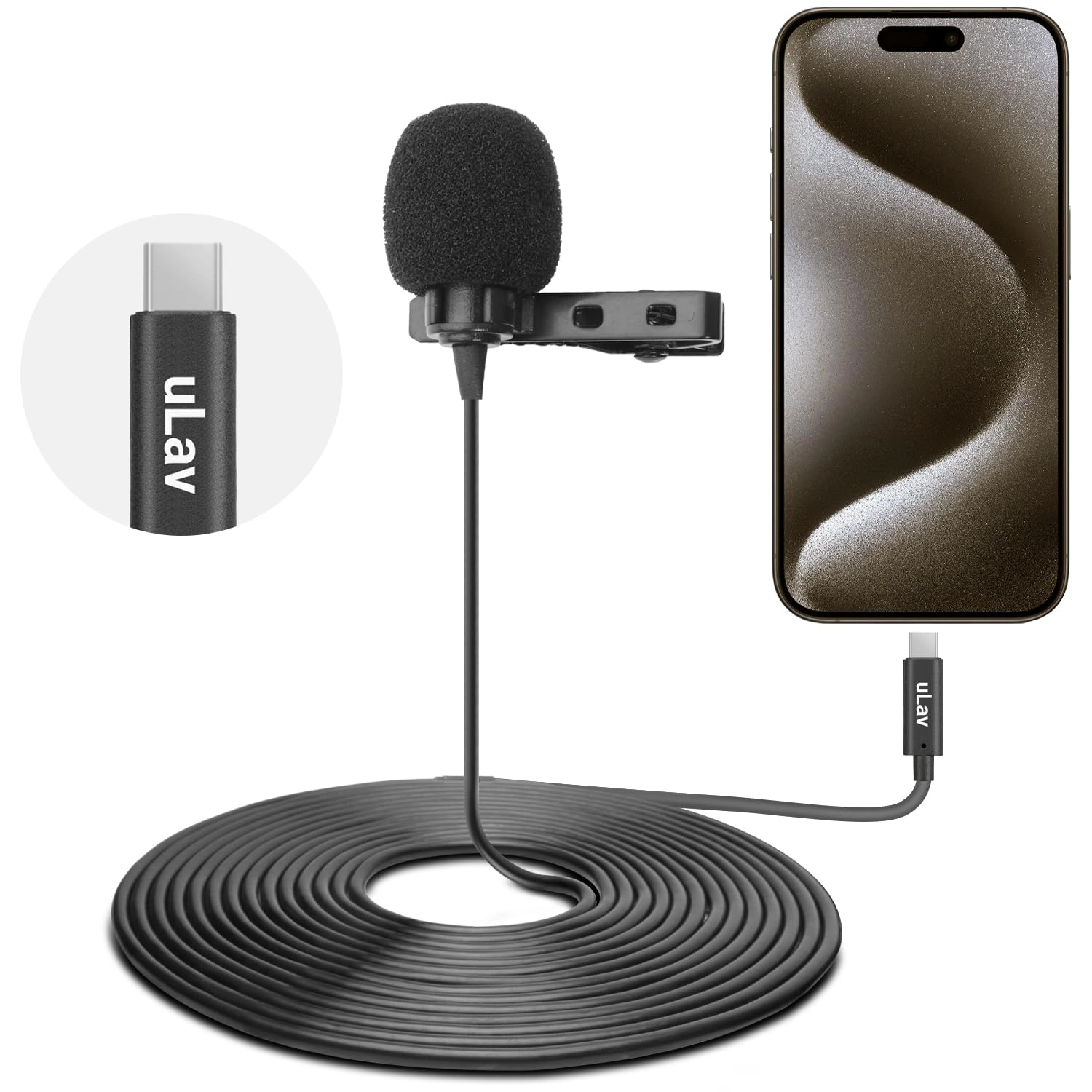 Movo USB-C Wired Omnidirectional Lavalier Clip On Microphone for iPhone 15