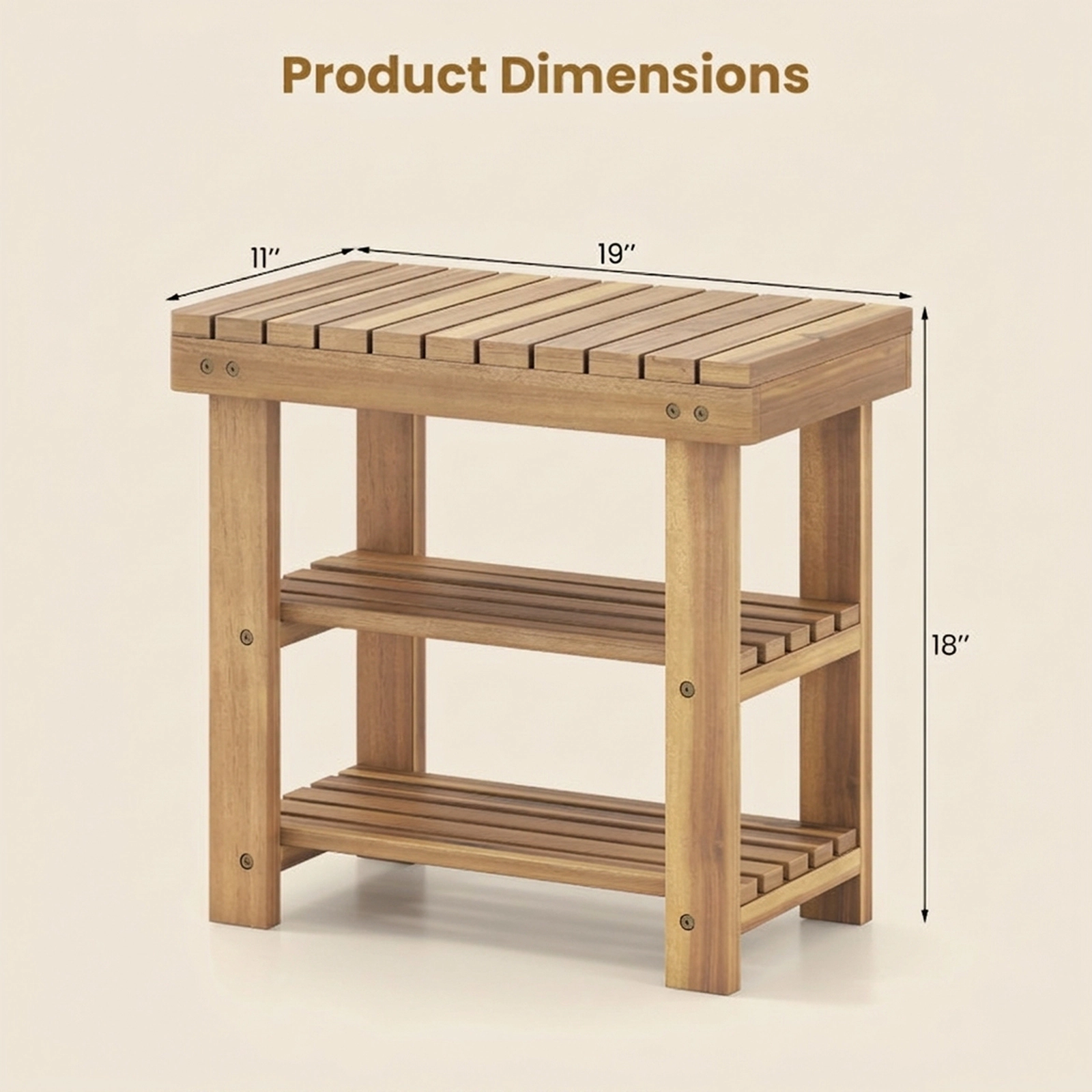 SUGIFT 3-Tier Natural 19-in Teak Wood Shoe Rack Bench with Slatted Seat and Open Shoe Storage Shelves