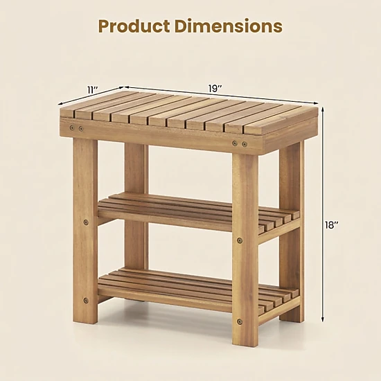 SUGIFT 3-Tier Natural 19-in Teak Wood Shoe Rack Bench with Slatted Seat and Open Shoe Storage Shelves