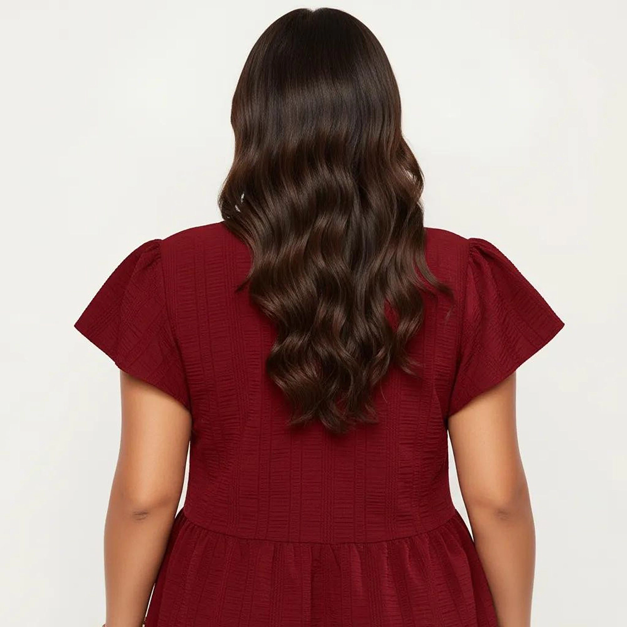 Anna-Kaci Women's Plus Textured Crew Neck Tiered Skirt Ruffle Sleeve Detail Flowy Babydoll Fit Dress