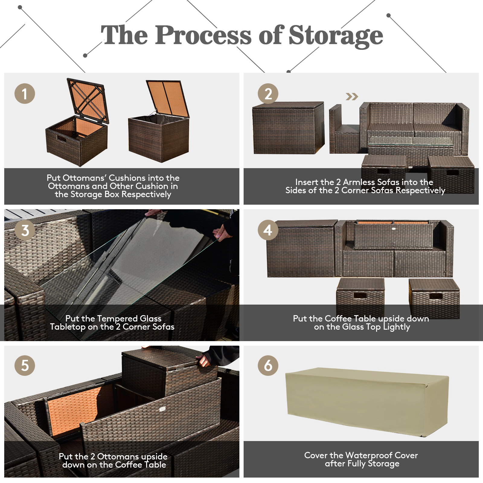 LJG 8 Pieces Patio Space-Saving Rattan Furniture Set with Storage Box and Waterproof Cover