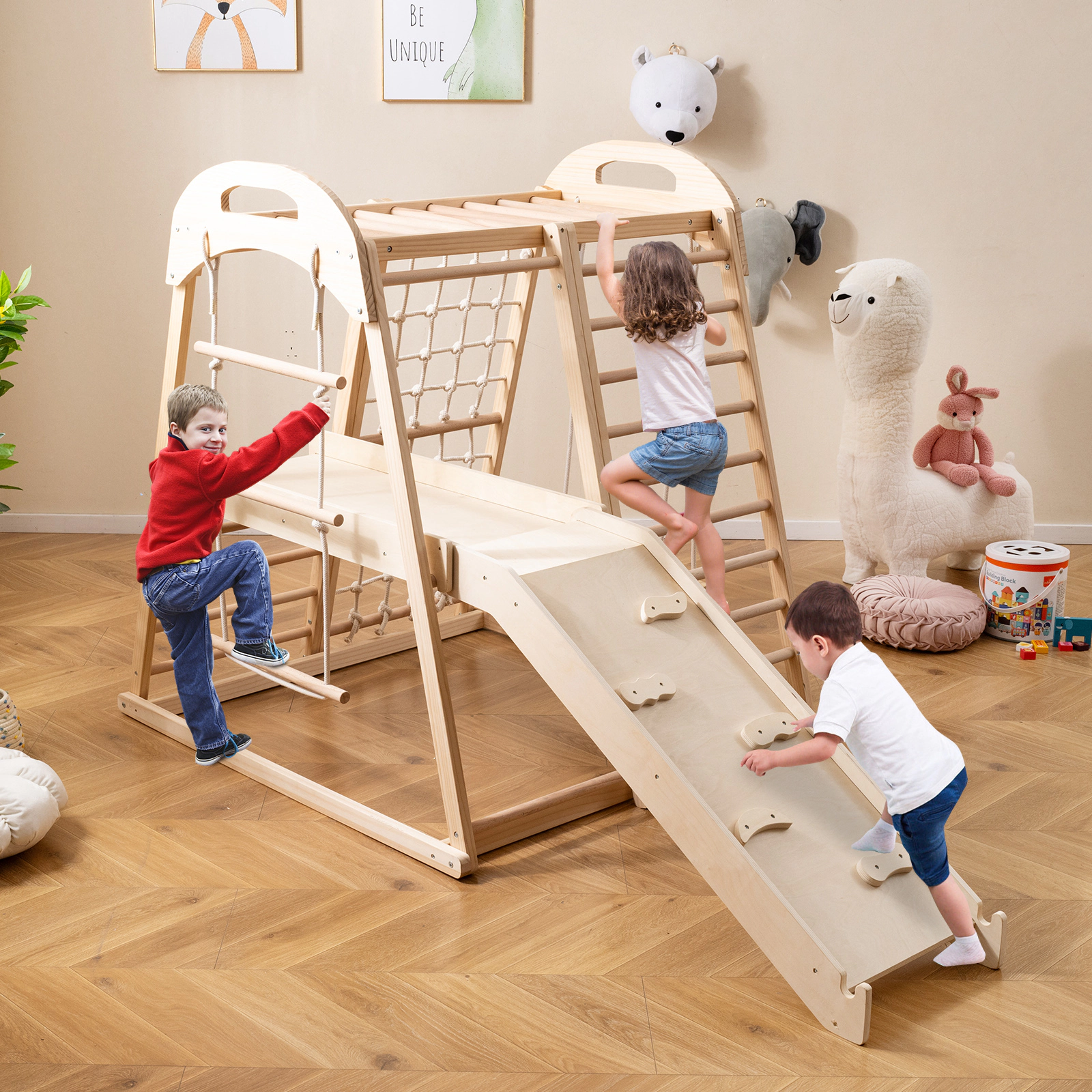 8-in-1 Wooden Montessori Climber Playset Slide Monkey Bars Swing Rope Net Two Ladders 110-lb Capacity Ages 3-5 Natural