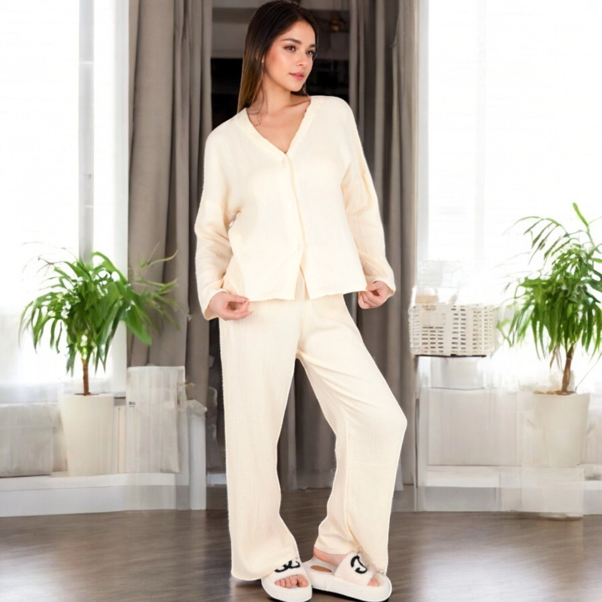 Anna-Kaci Women's Solid Color 2-Piece Pajama Set with Long Sleeve V-Neck Top and Relaxed Fit Wide Leg Pants