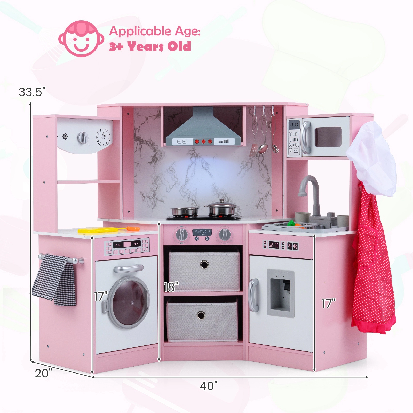 SUGIFT Wooden Kids Play Kitchen Playset with Realistic Lights and Sounds 18-in Stovetop Height Ages 3+ Gray/Coffee