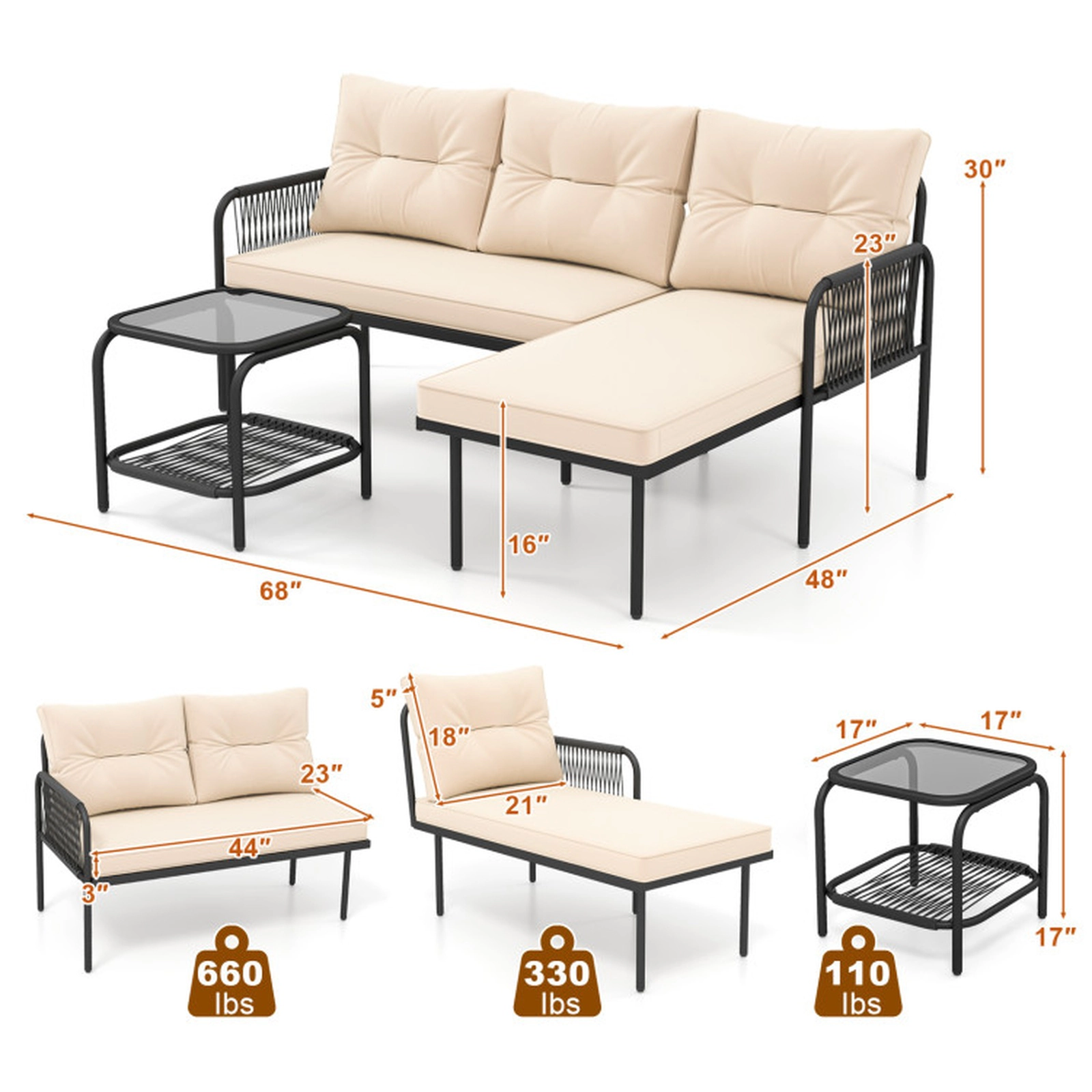 SUGIFT 3-Piece Beige L-Shaped Patio Sectional Set with Coffee Table 68-in W 48-in D 30-in H 660-lb Sofa Capacity