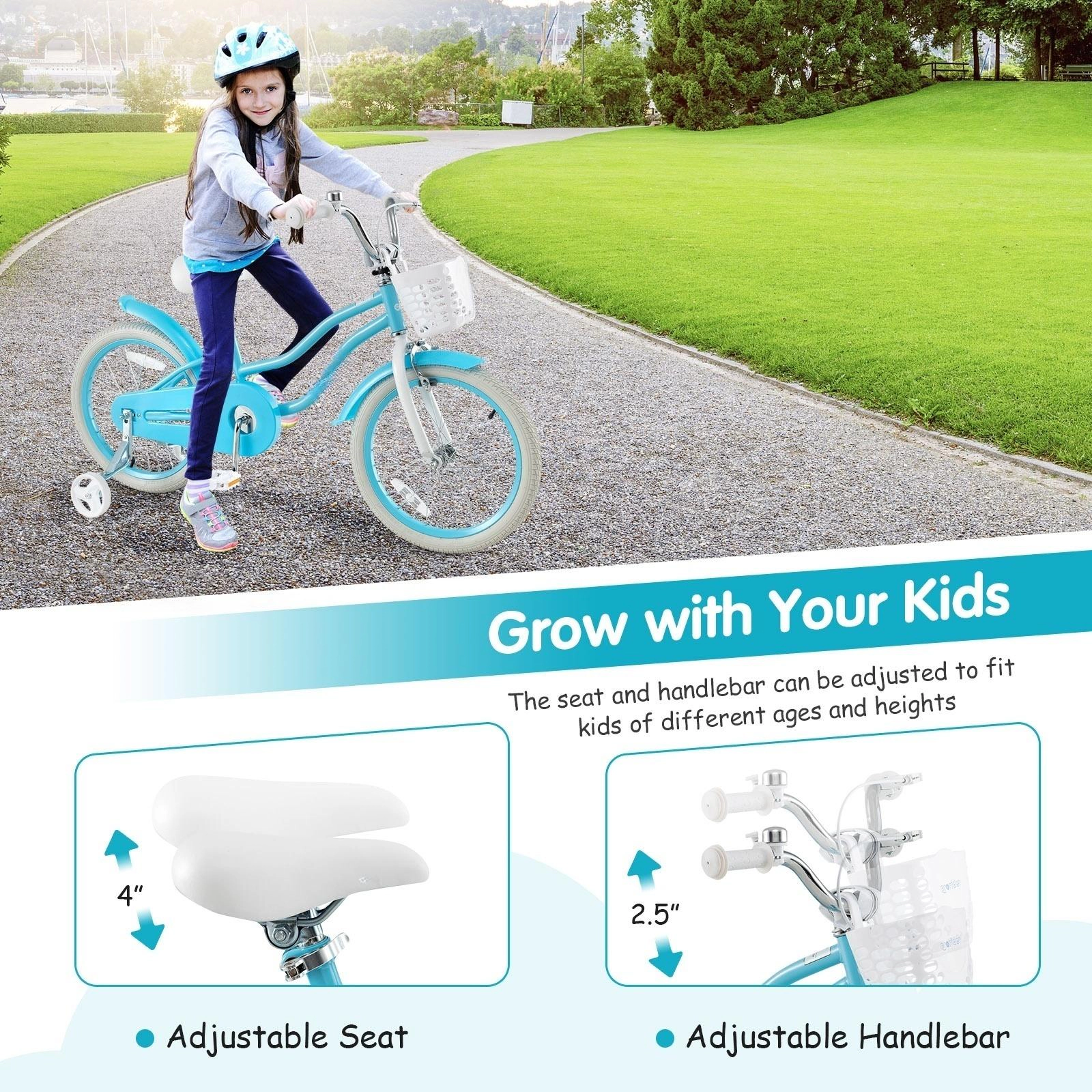 SUGIFT 18-Inch Kids Bicycle with Dual Brakes Adjustable Seat and Training Wheels 99-lb Seat Capacity Ages 4-8 Blue