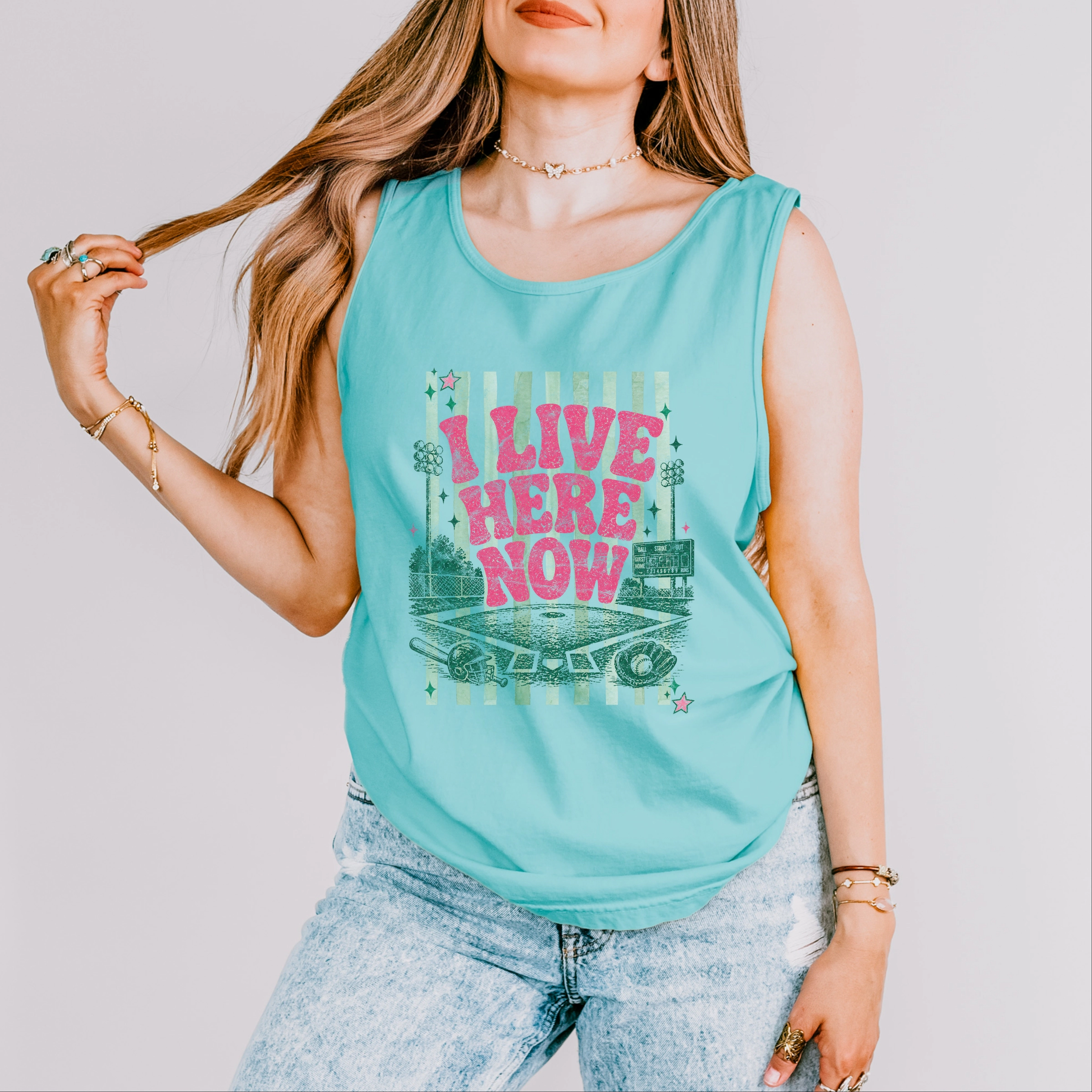 Simply Sage Market - Women's Garment Dyed Graphic Tank Top I Live Here Now