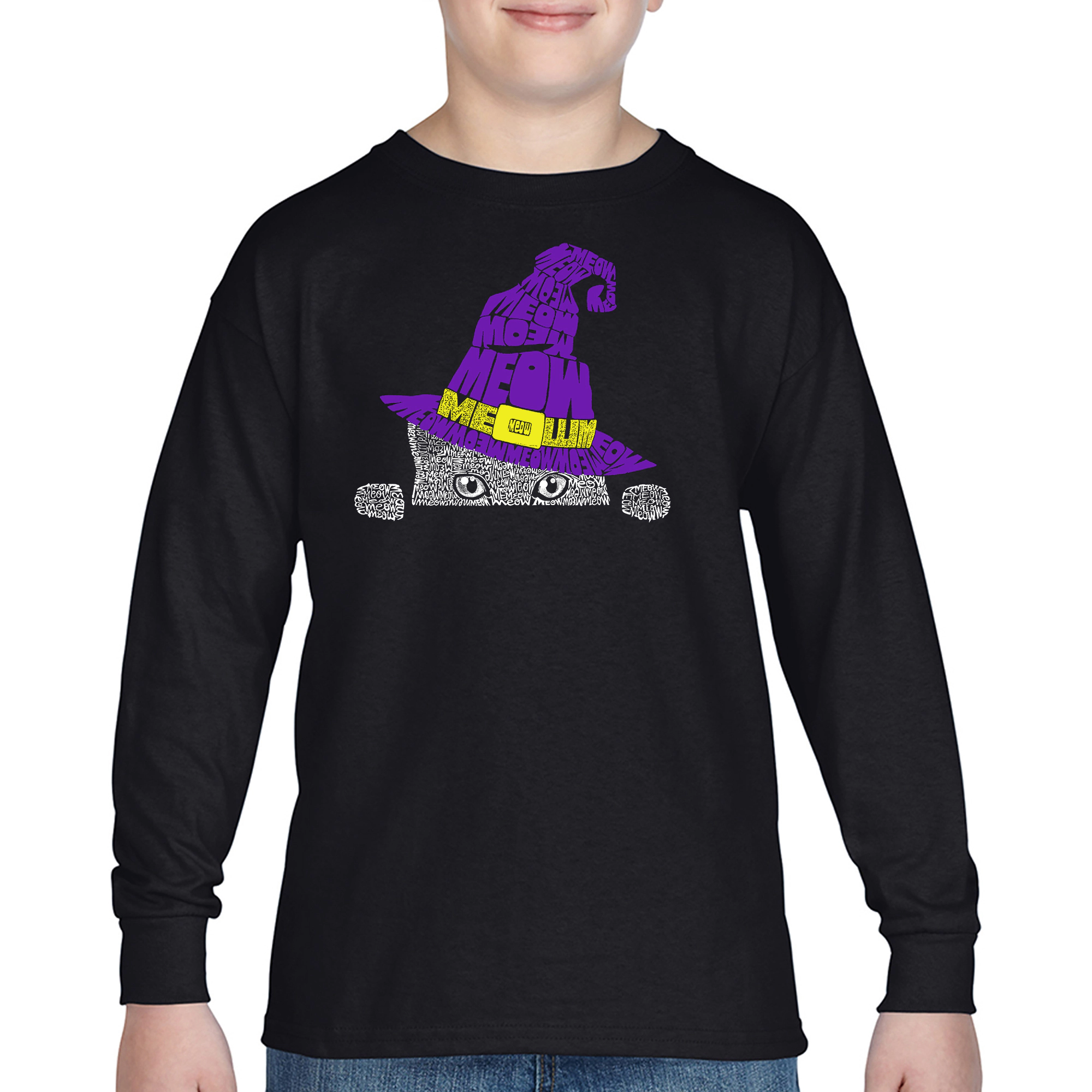 LA Pop Art Boys Long Sleeve T-Shirt - Peeking Witch Cat