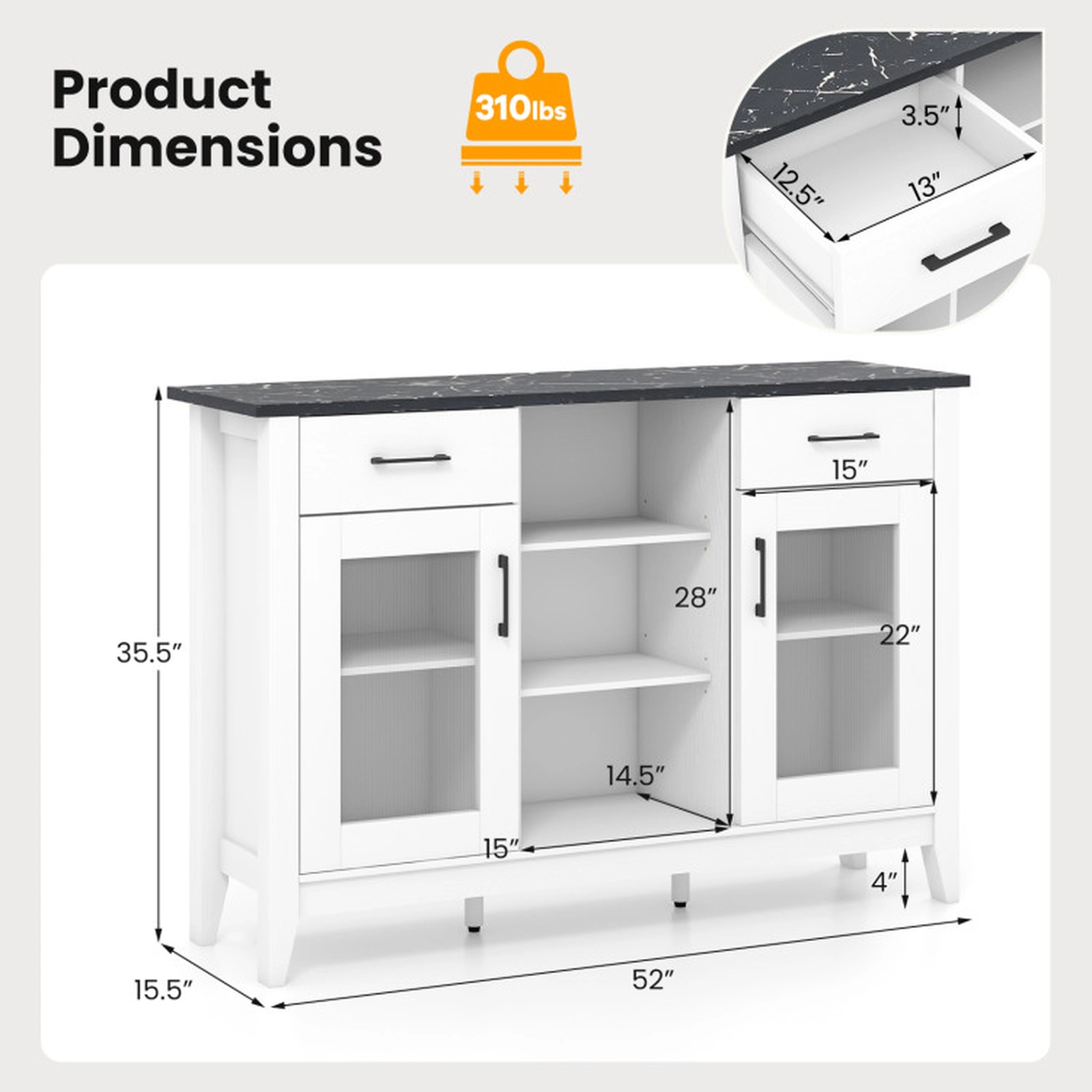 SUGIFT 2-Drawer Faux Marble Top 3 Open Cubes Glass Doors Sideboard Buffet Cabinet 52-in x 15.5-in x 35.5-in White