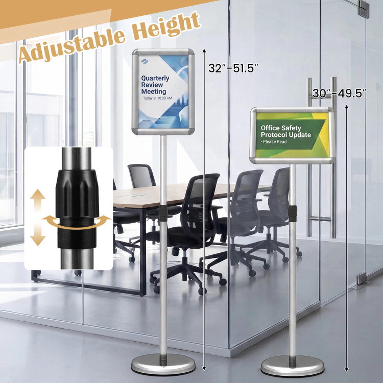 SUGIFT 8.5-in x 11-in Snap-Open Frame 360-Degree Rotating Floor Sign Holder Stand 32-in to 51.5-in Height Silver