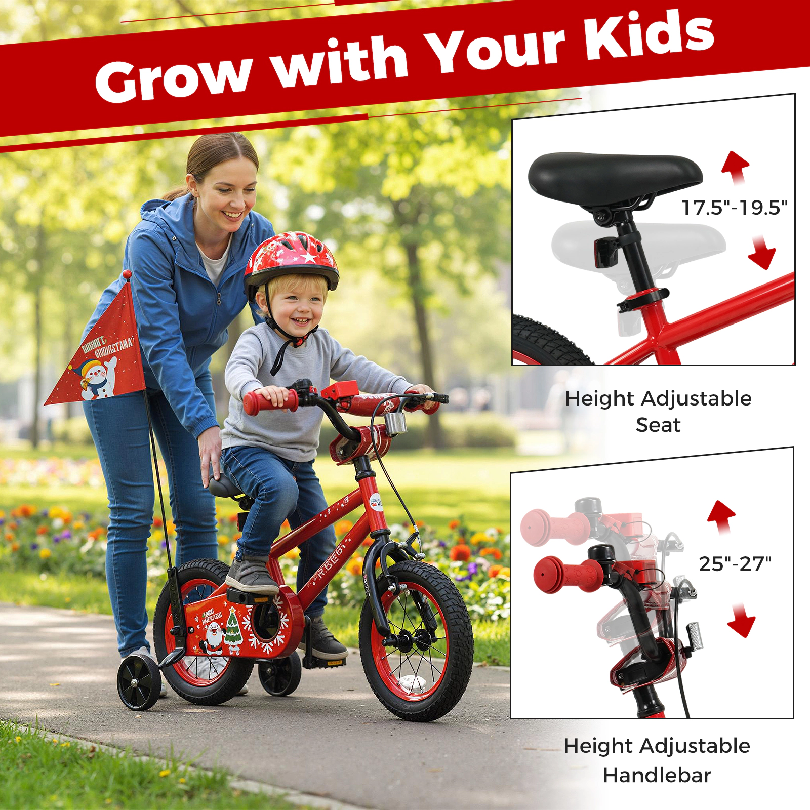 12-in Kids Bicycle Holiday Music Box Safety Flag Detachable Training Wheels Padded Saddle Ages 3-5 Red