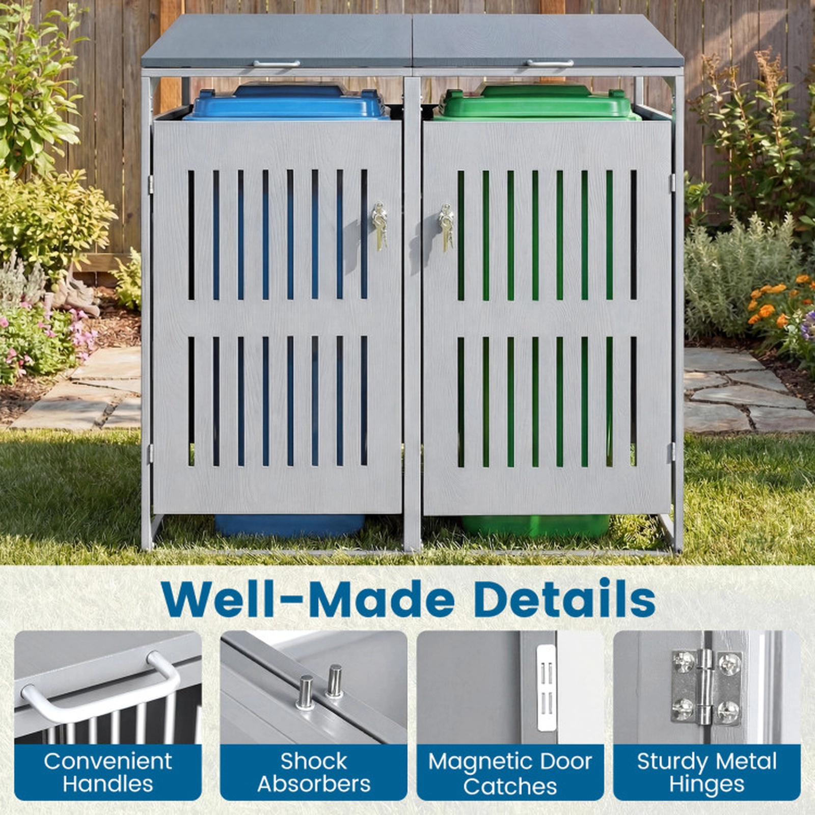 SUGIFT 2-Bin Gas Struts Lockable Metal Outdoor Trash Can Storage Shed 52-in x 32-in x 49.5-in 44-Cu-Ft Silver