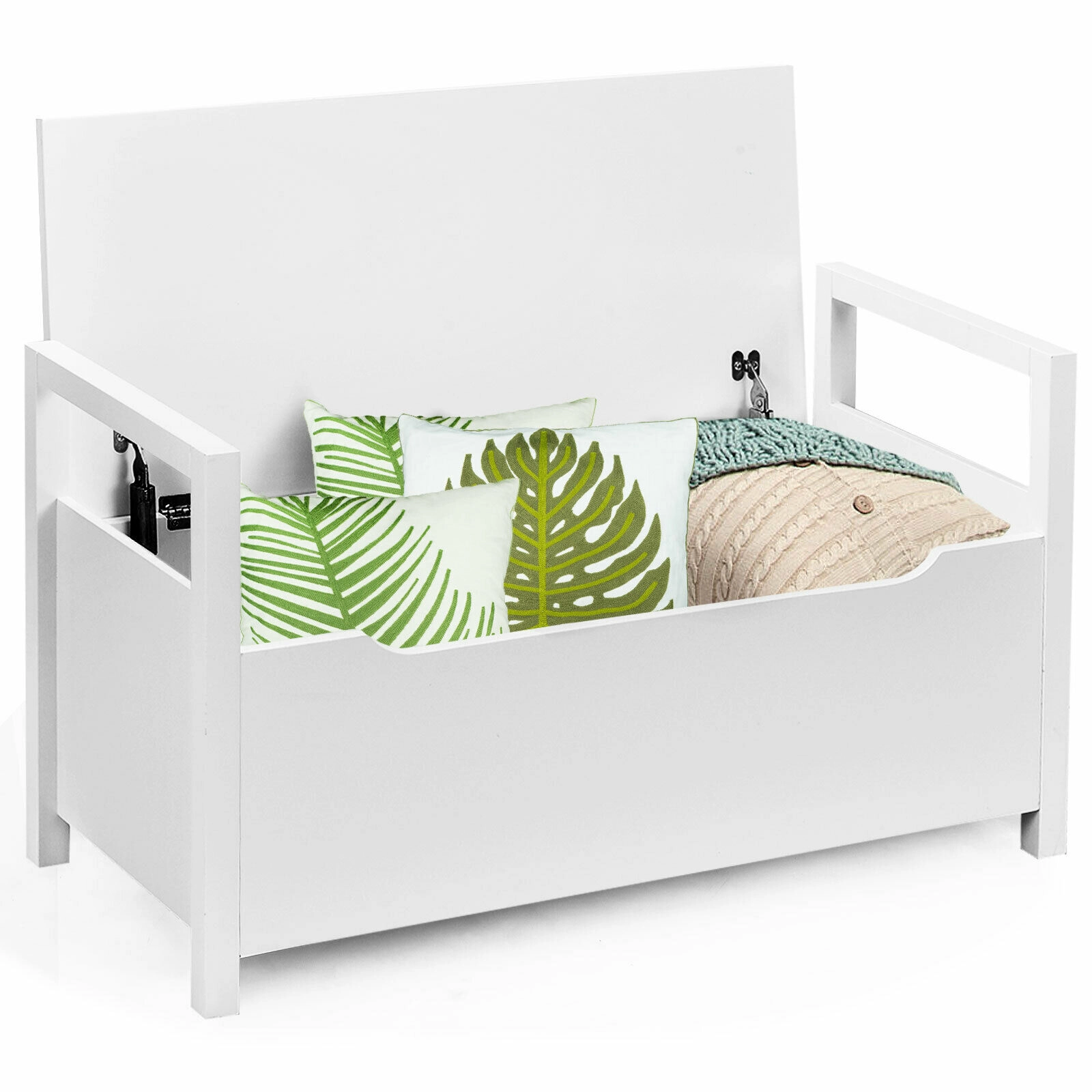 SUGIFT White Removable Cushion Seat and Hinged Lid 34.5 Inch Shoe Storage Bench