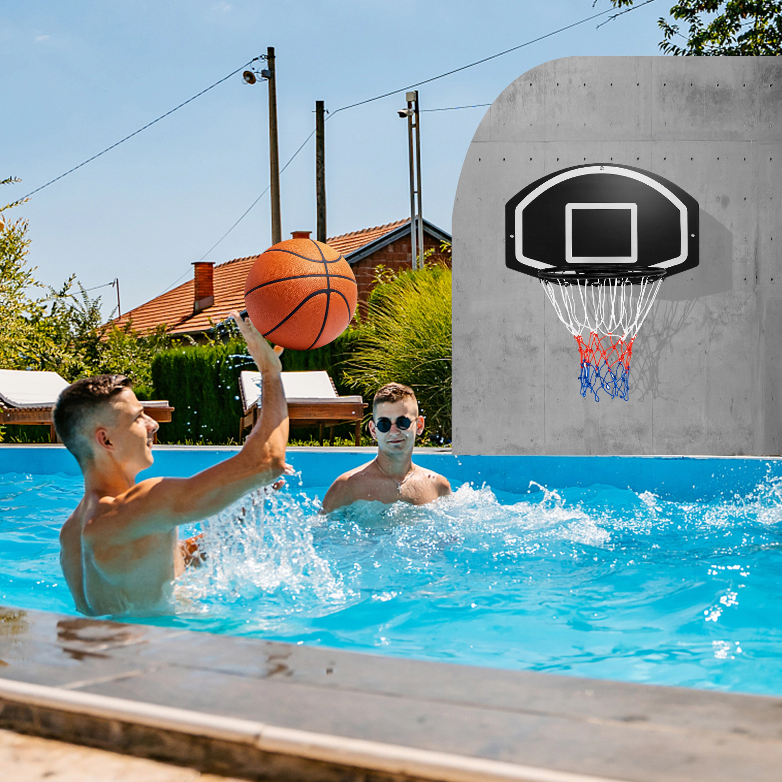 SUGIFT Black and White Wall Mounted Basketball Hoop Set with PE Backboard and All Weather Net 28.5-in W 18-in H