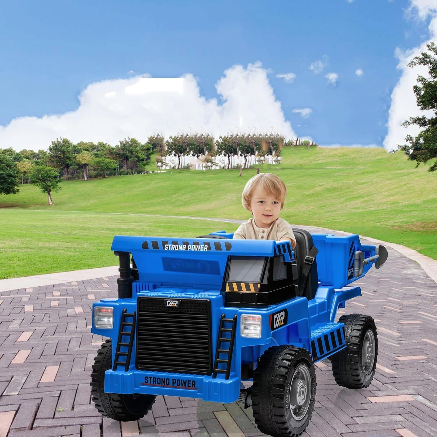12V Kids Ride On Dump Truck, 4WD Electric Construction Vehicle w/Remote, Bed, Shovel, Music & Lights