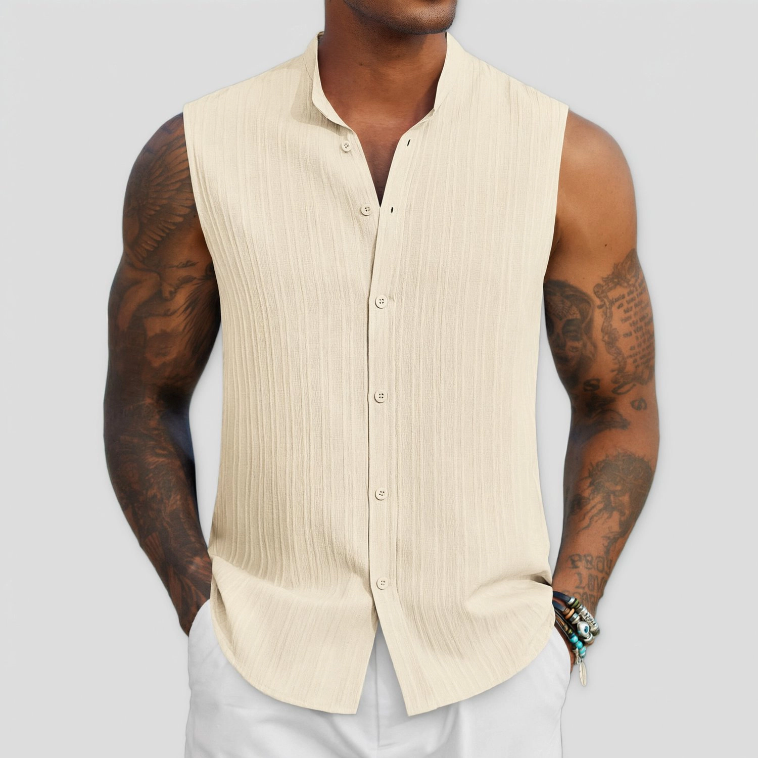 COOFANDY Mens Sleeveless Button Down Shirt  Henley V Neck Pleated Casual Tops