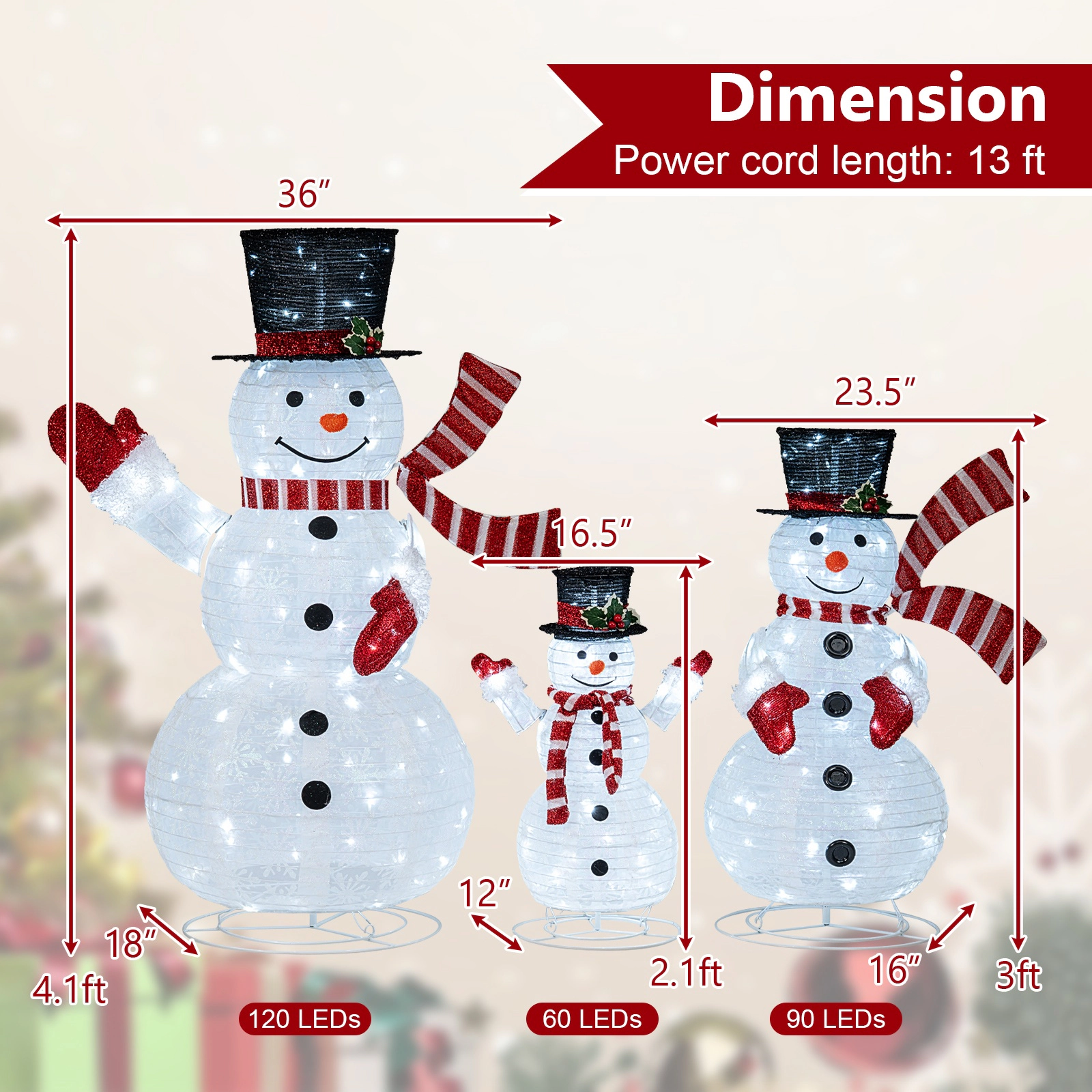 SUGIFT 3-Piece Pre-Lit 3D Snowman Family Set with 270 LED Lights Top Hats Scarves and Ground Stakes
