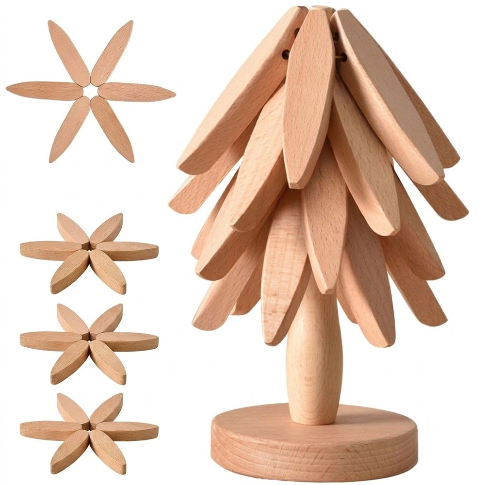 Toynee Starks Unisex Tree Shape Wooden Trivet Set with Stand Beech Wood