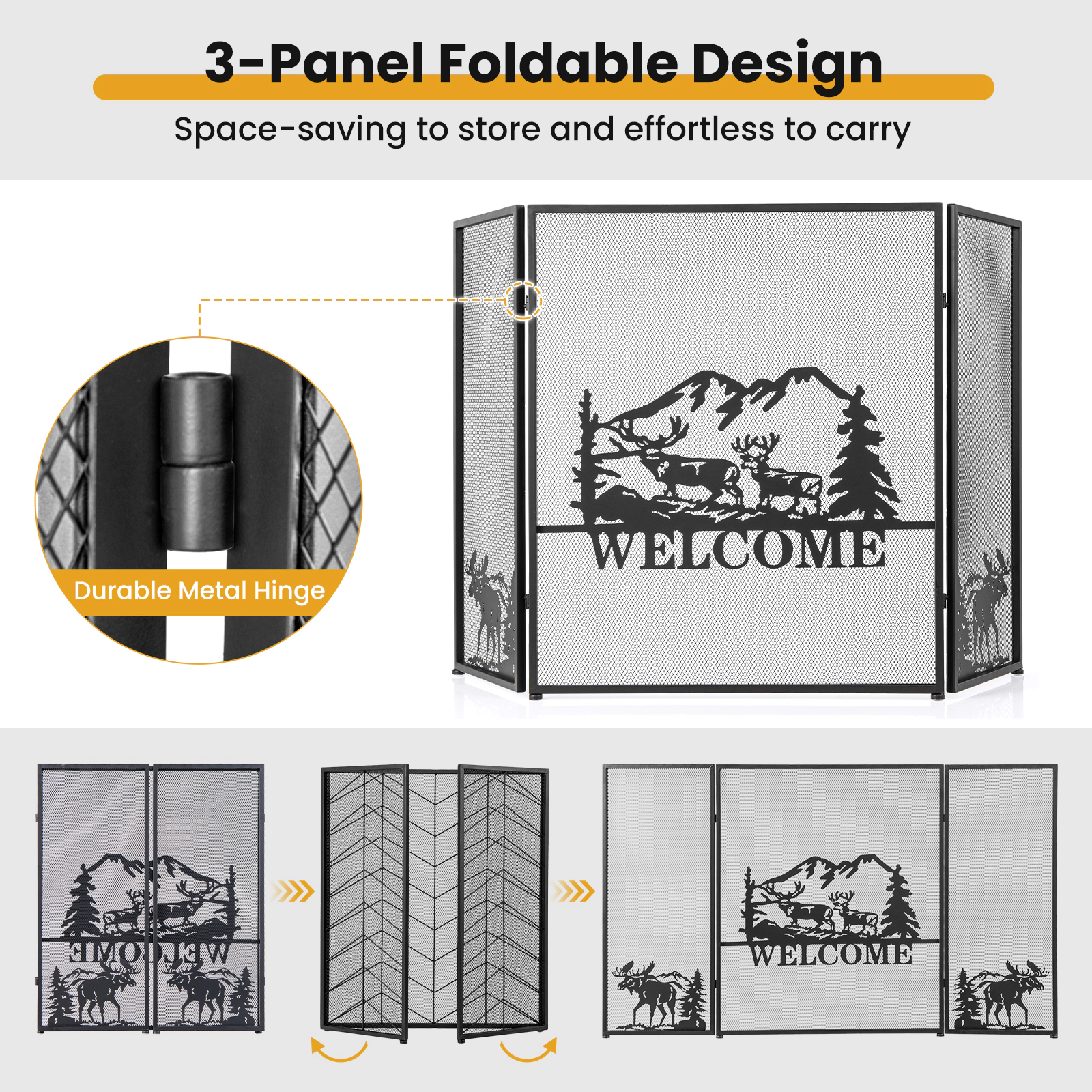 SUGIFT 52-in x 31-in 3-Panel Folding Mesh Metal Freestanding Fireplace Screen Deer Scene Spark Guard Black