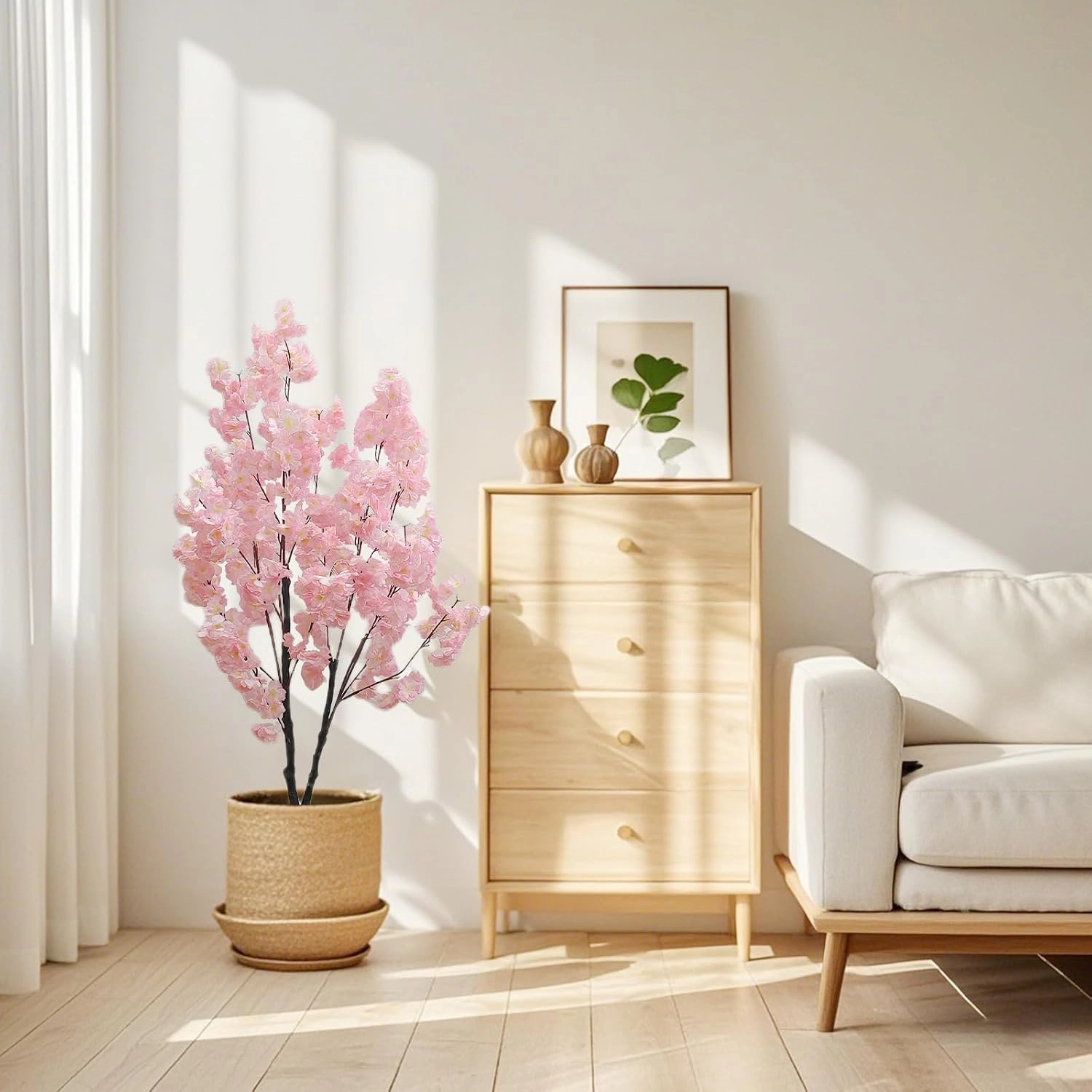 4ft Artificial Cherry Blossom Tree, Pink Silk Blossoms with Plastic Pot, Realistic Faux Indoor Tree