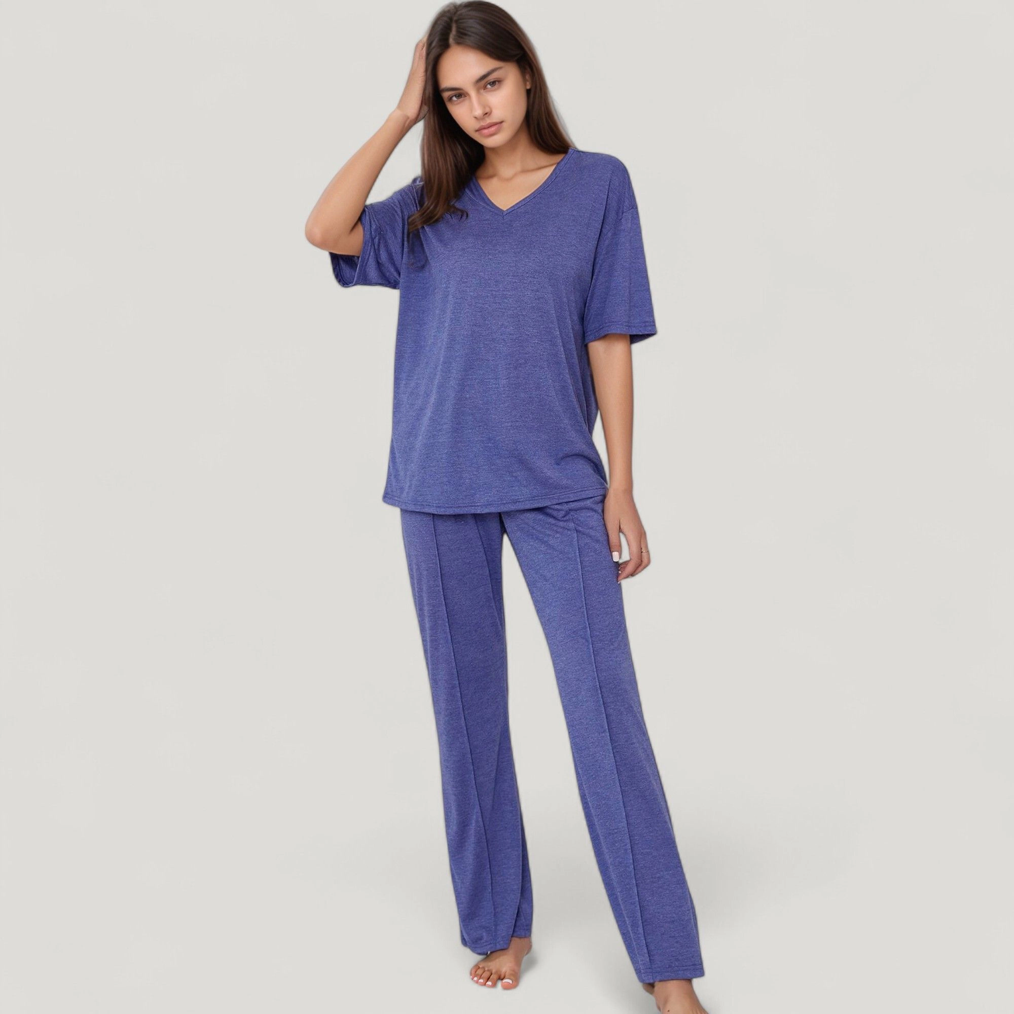 Anna-Kaci Women's Short Sleeve V-Neck Pajama Set with Relaxed Fit Knit Top and Wide Leg Lounge Pants