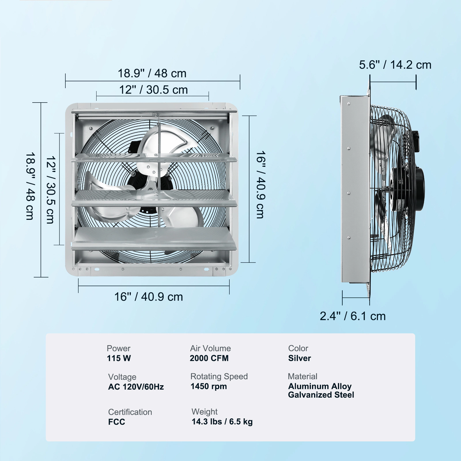 HONGGE Shutter Exhaust Fan High-speed Aluminum Wall Mount Attic Fan with AC-motor Ventilation and Cooling for