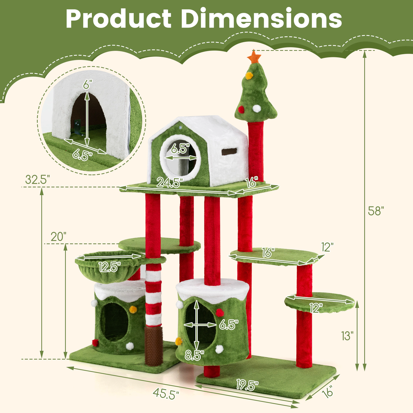 SUGIFT 58-in Tall Multi-Level Cat Tree Tower Furniture with Condos, Cat Basket & Self-Groomer 38-lb Capacity Multi-color