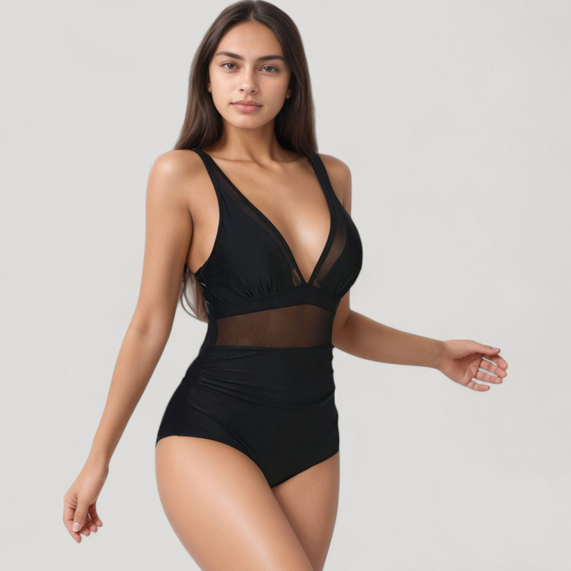 Anna-Kaci Women Deep V Mesh Panel One Piece Swimsuit, Sheer Waist, Adjustable Straps