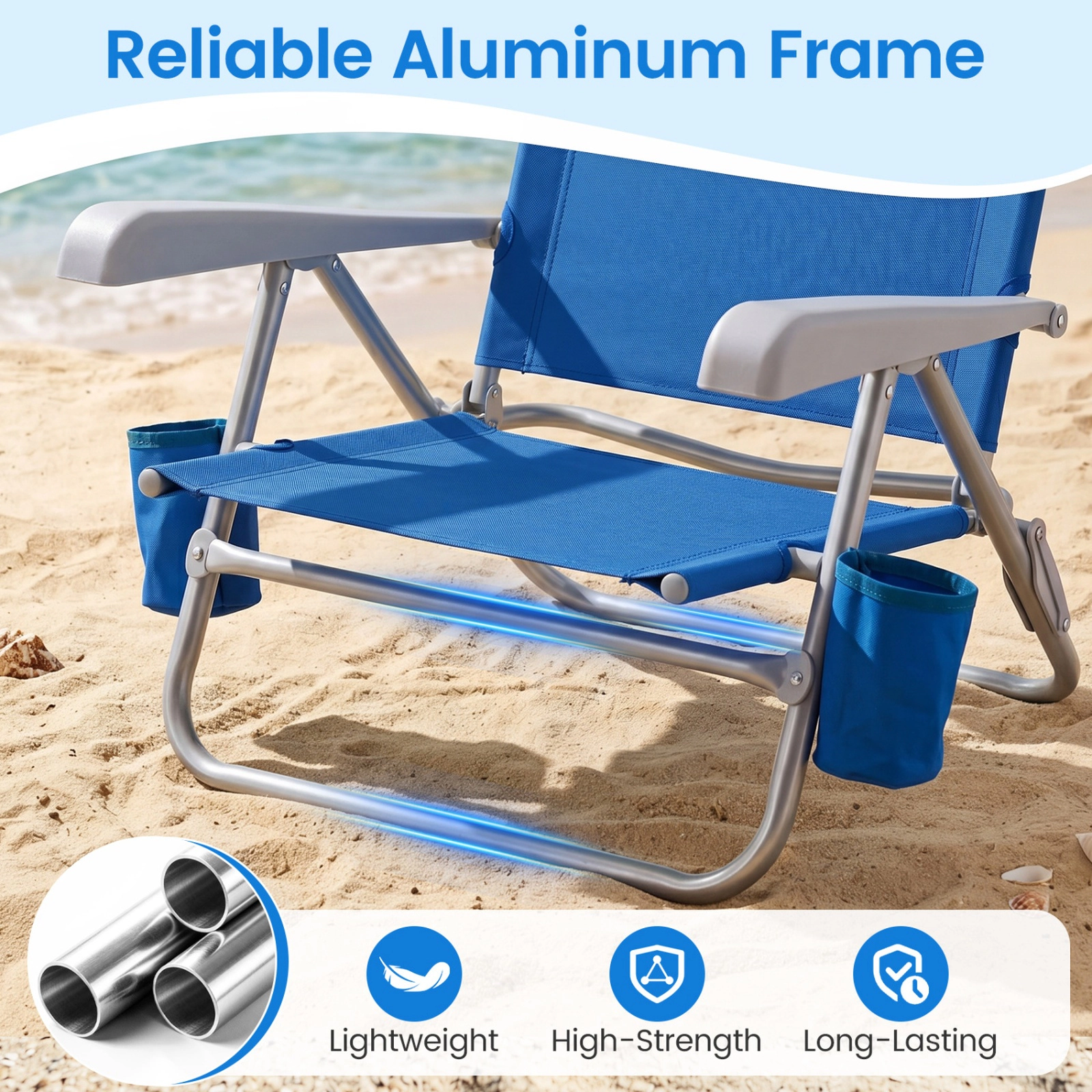 SUGIFT 2-Pack Portable Folding Beach Chair with 7-Position Backrest 330-lb Capacity Navy Blue