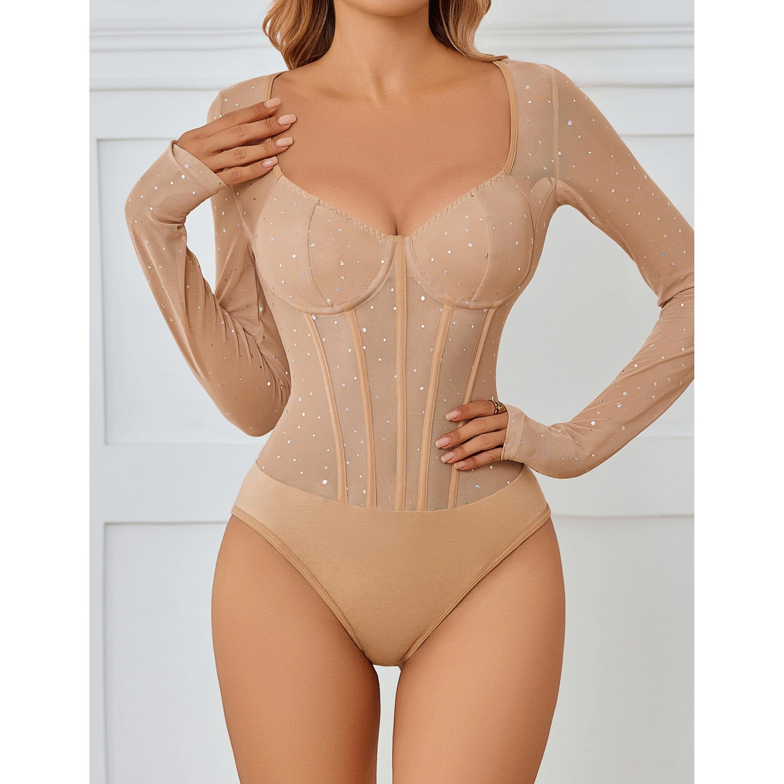 Avidlove Women's Long Sleeve Sparkle Mesh Bodysuit Leotard