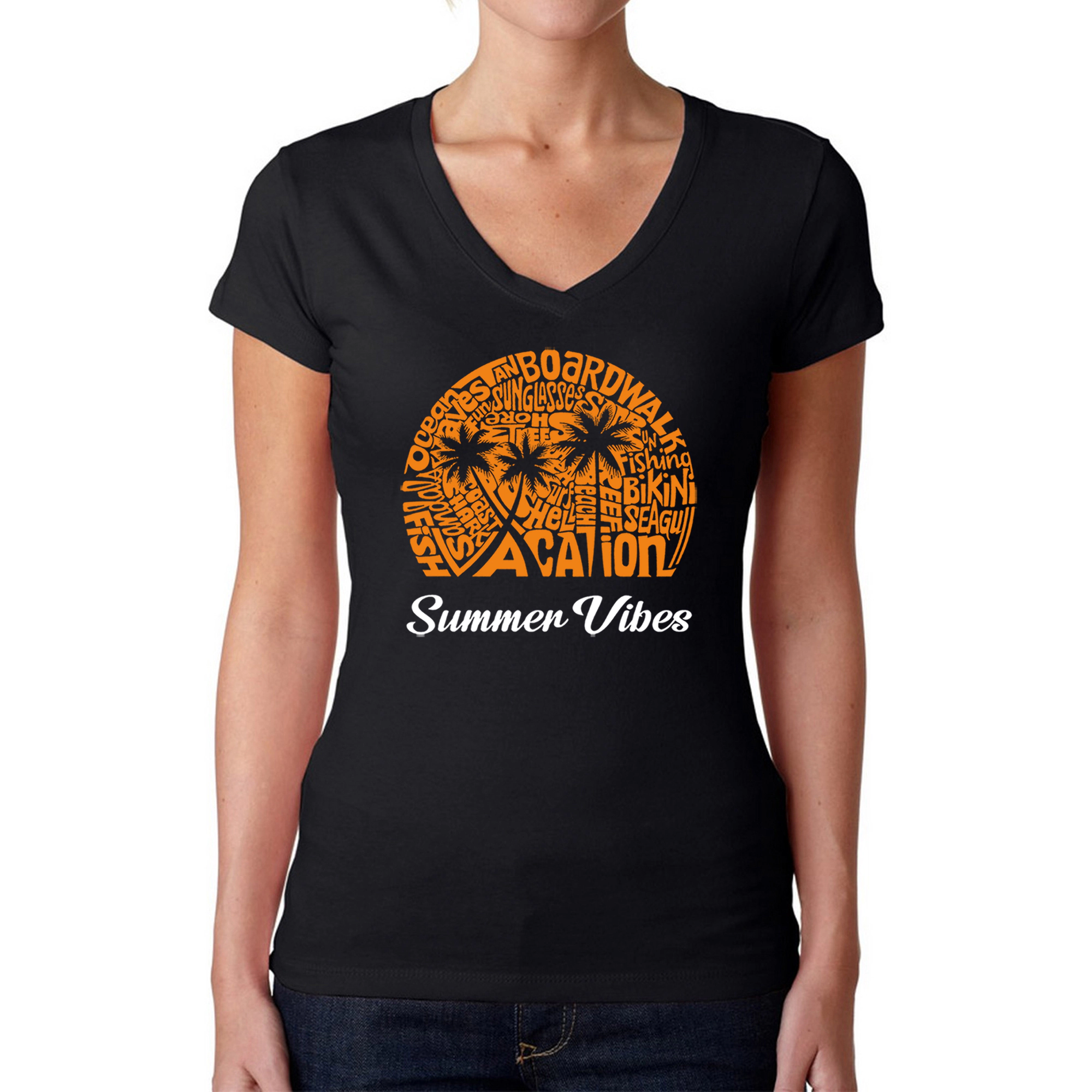 LA Pop Art Womens Word V-Neck T-Shirt - Summer Vibes
