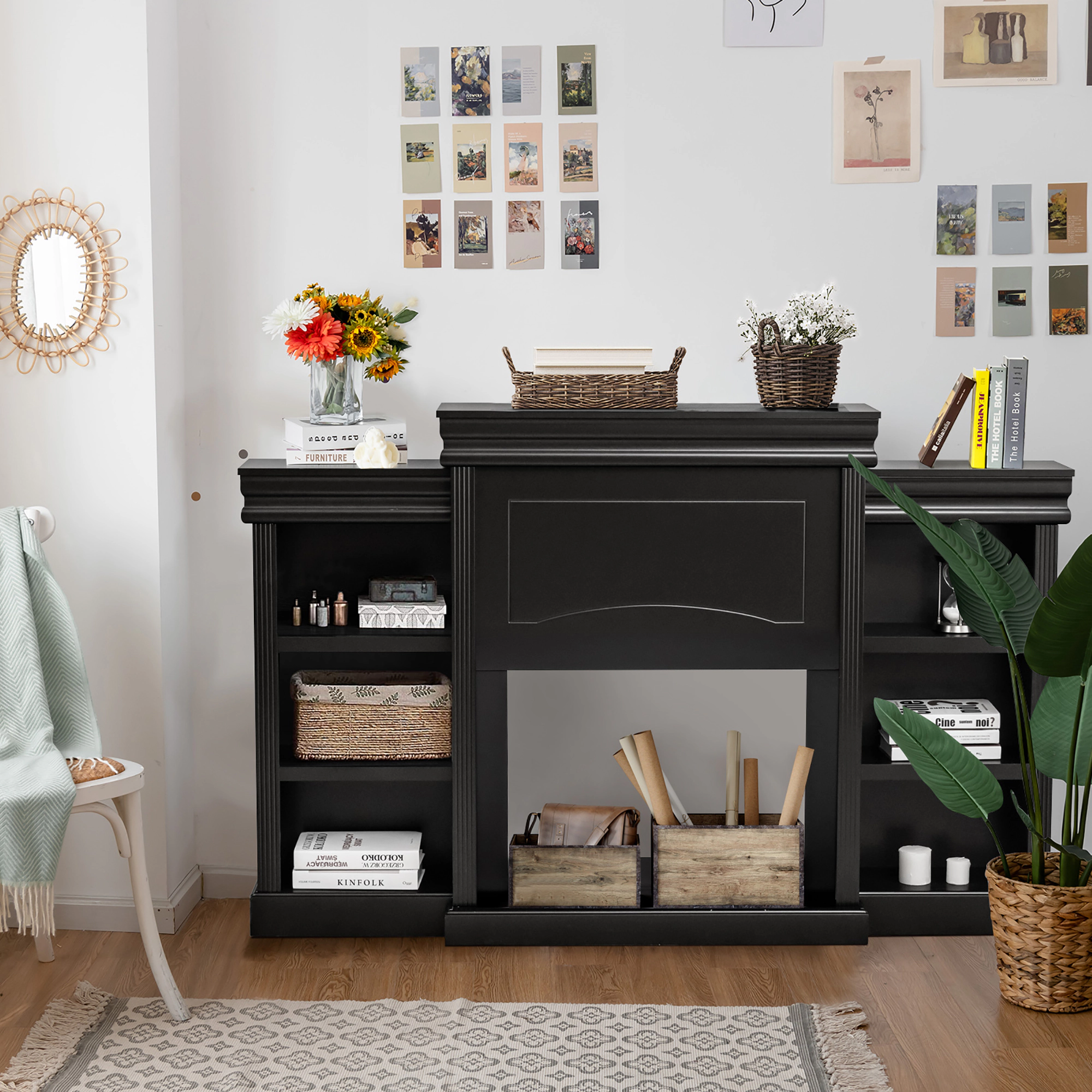 Costway 70'' Fireplace TV Stand Modern Media Entertainment Center Bookcase Black