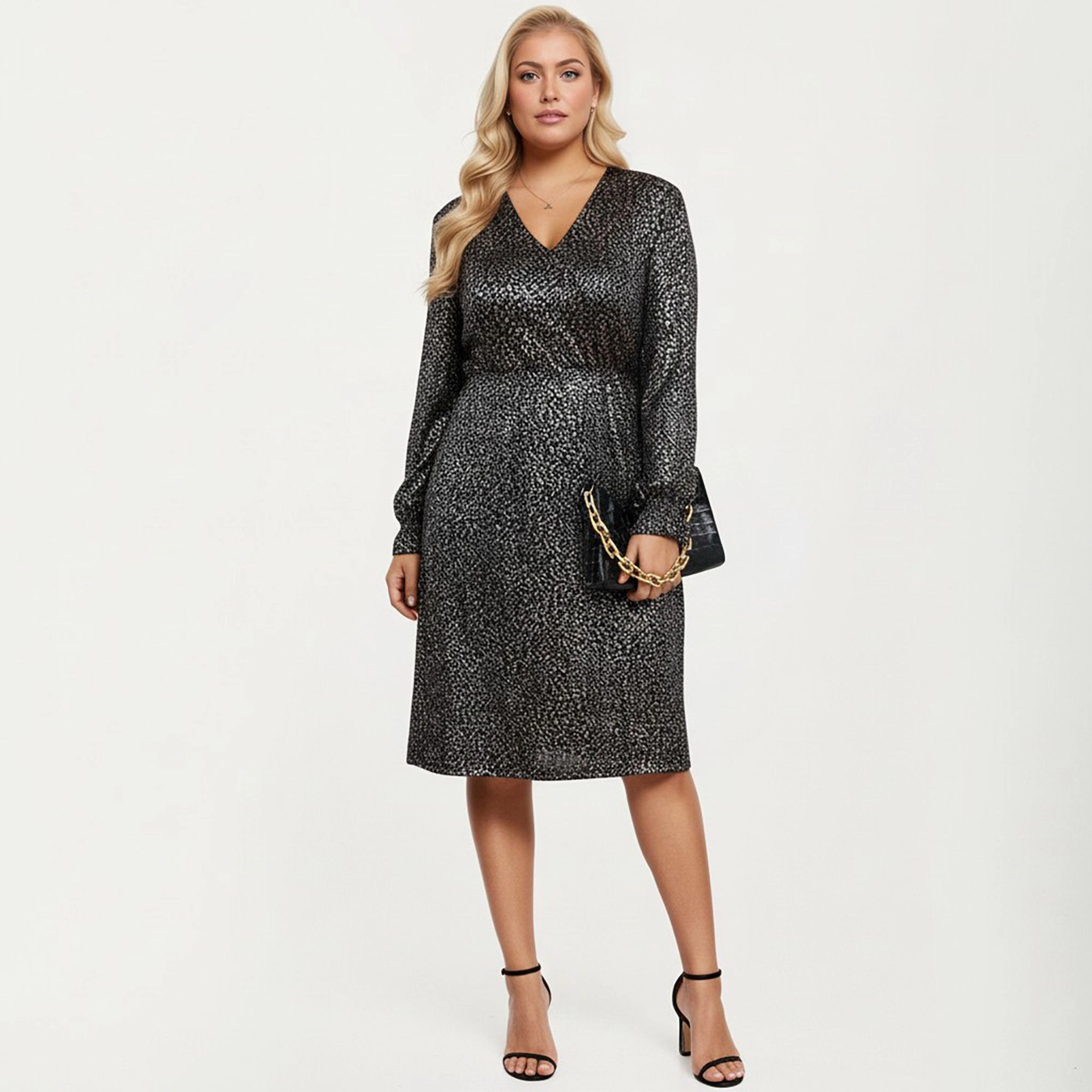 Anna-Kaci Women's Plus Dotted Print Long Sleeve V Neck Fitted Waist Flowy Skirt Midi Dress