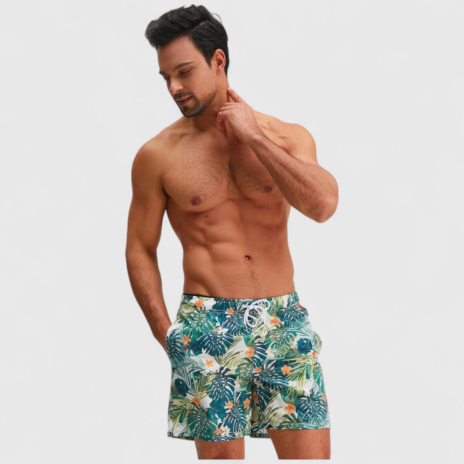 Anna-Kaci Men's Tropical Leaf Print Swim Trunks with Elastic Waistband and Mesh Lining