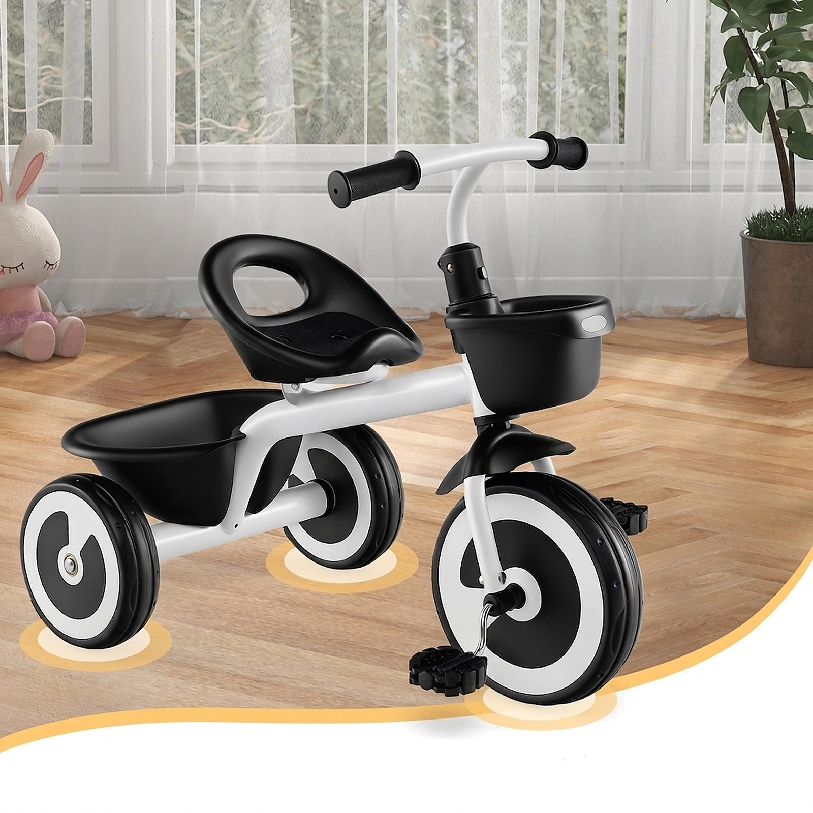 Toddler Tricycle with Front and Rear Baskets 110-Degree Steering Limit and Adjustable Seat for 1.5-5 Years Kids Trike